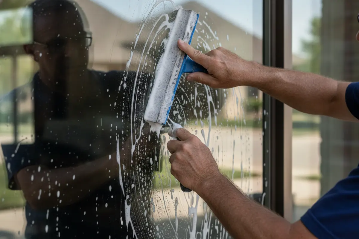 Window cleaner washing an exterior window at a Southlake home