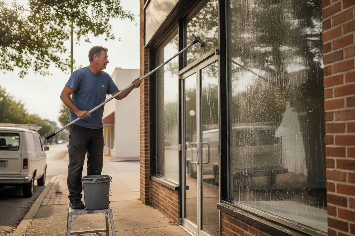 Window cleaner working on a Grapevine retail storefront