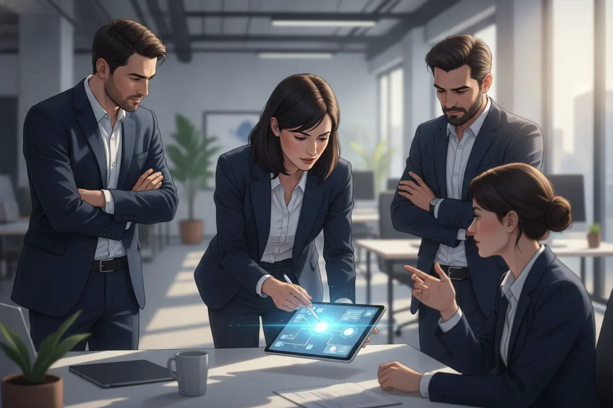 A business team maps AI suggestions, human review, and escalation points in a CRM workflow