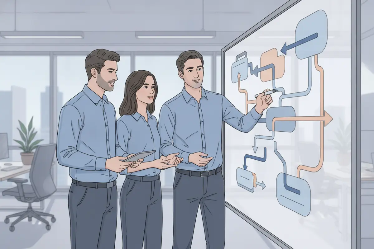 A consulting team planning a phased CRM architecture roadmap on a whiteboard