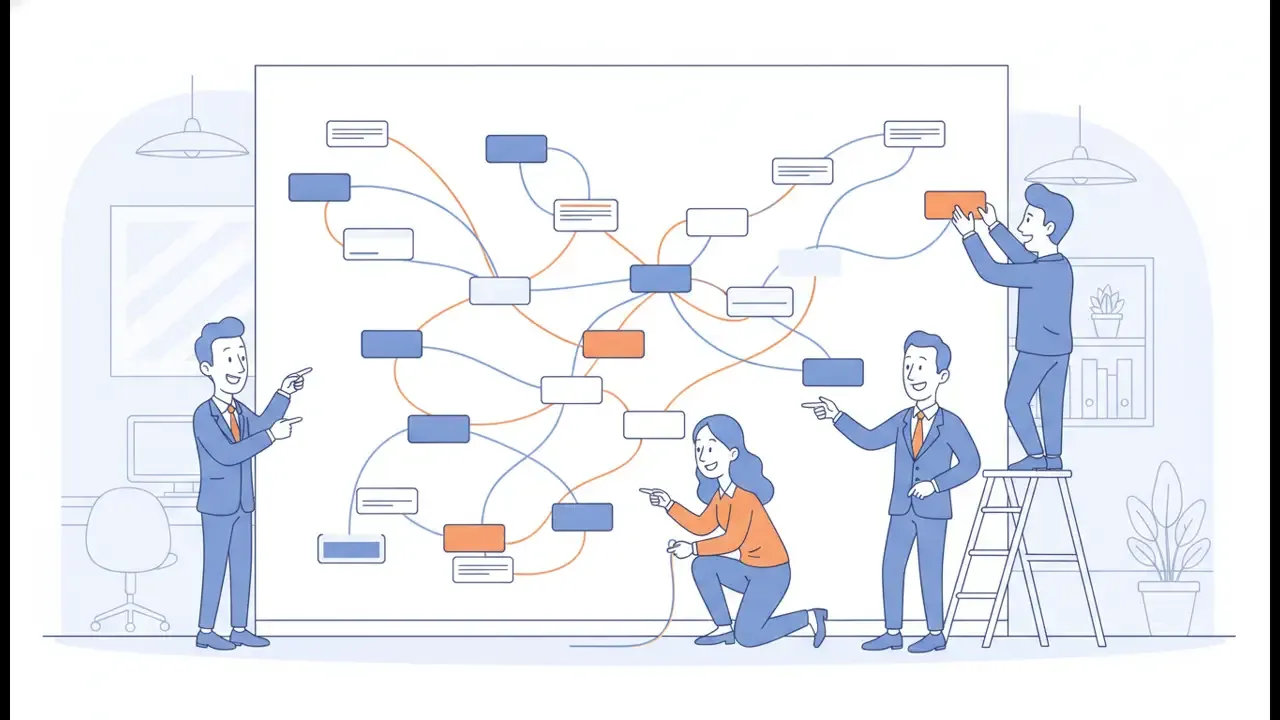 Business and technology team mapping a complex Salesforce workflow before custom Apex development