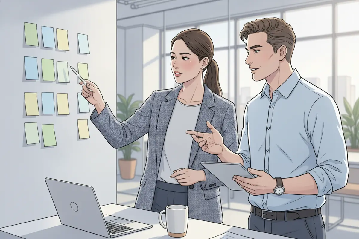Business analyst and operations leader mapping a customer process before automating it