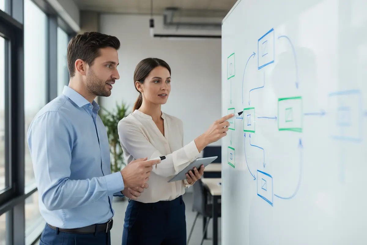 Business and technical colleagues mapping responsibilities across connected systems