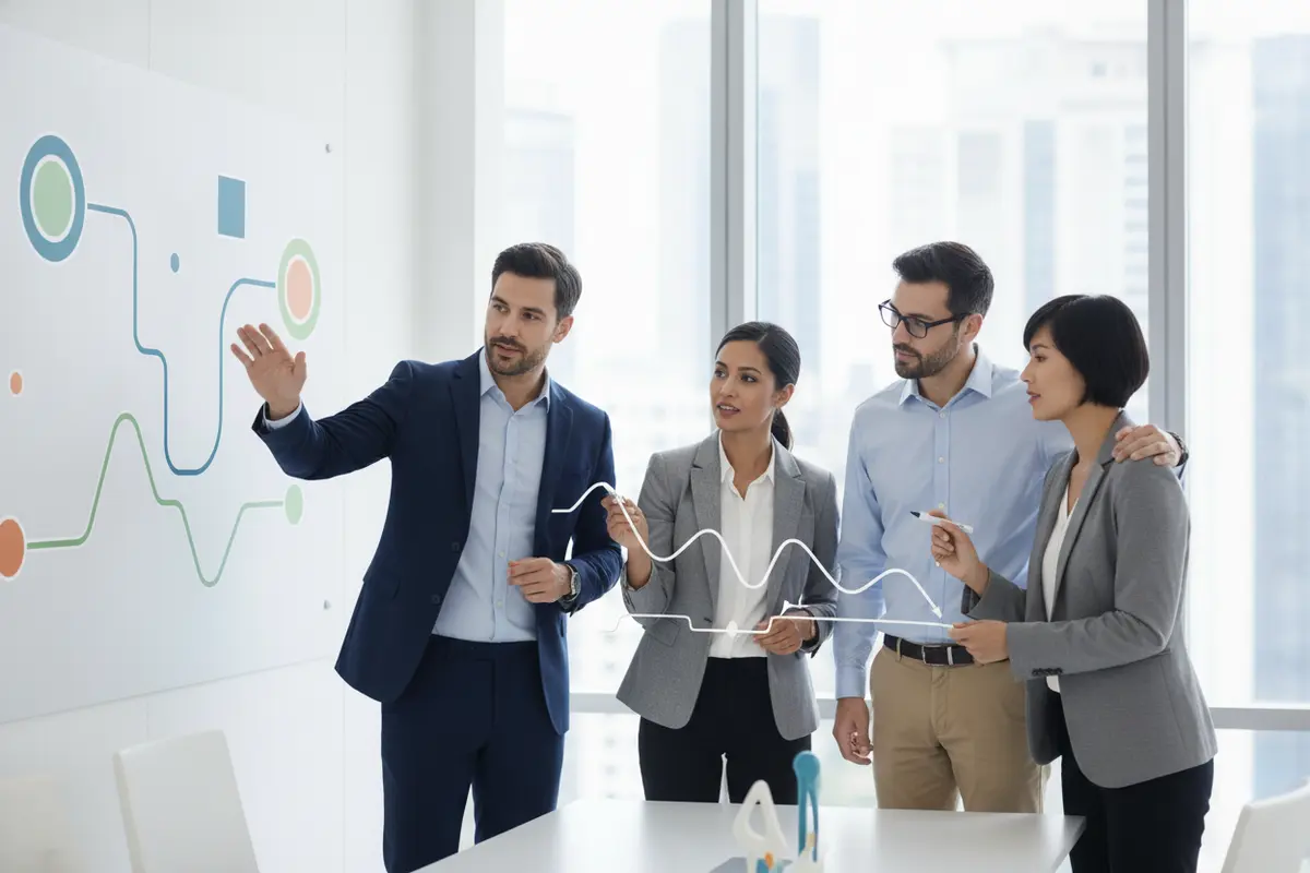 Business and technology leaders reviewing a phased Salesforce transformation roadmap