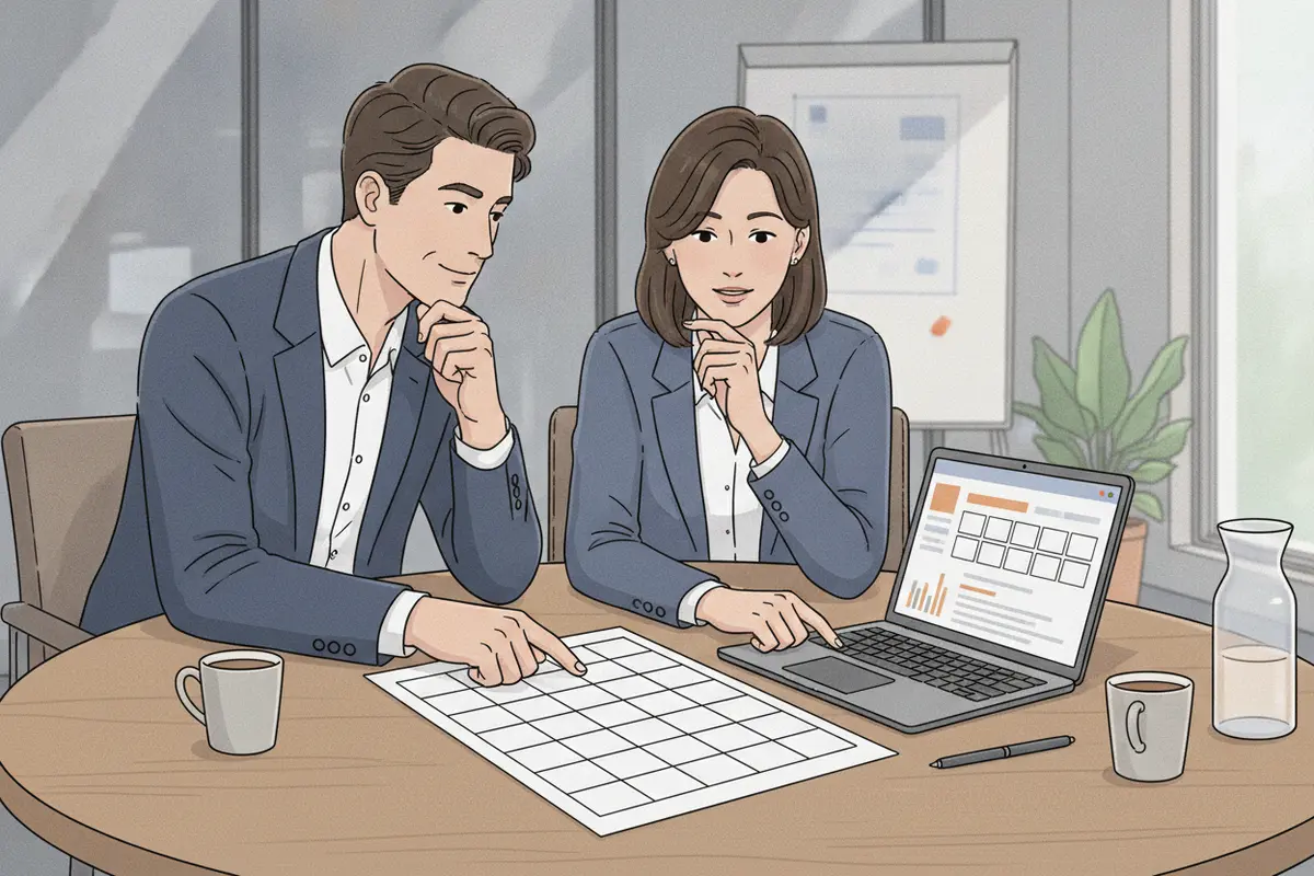 Business leaders comparing partner evaluation criteria in a meeting