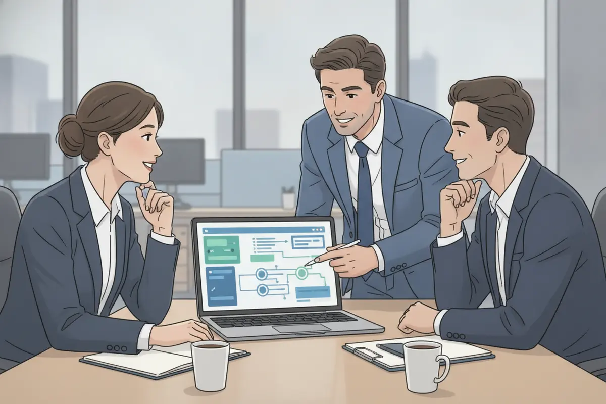 Business users and a consultant reviewing a CRM workflow