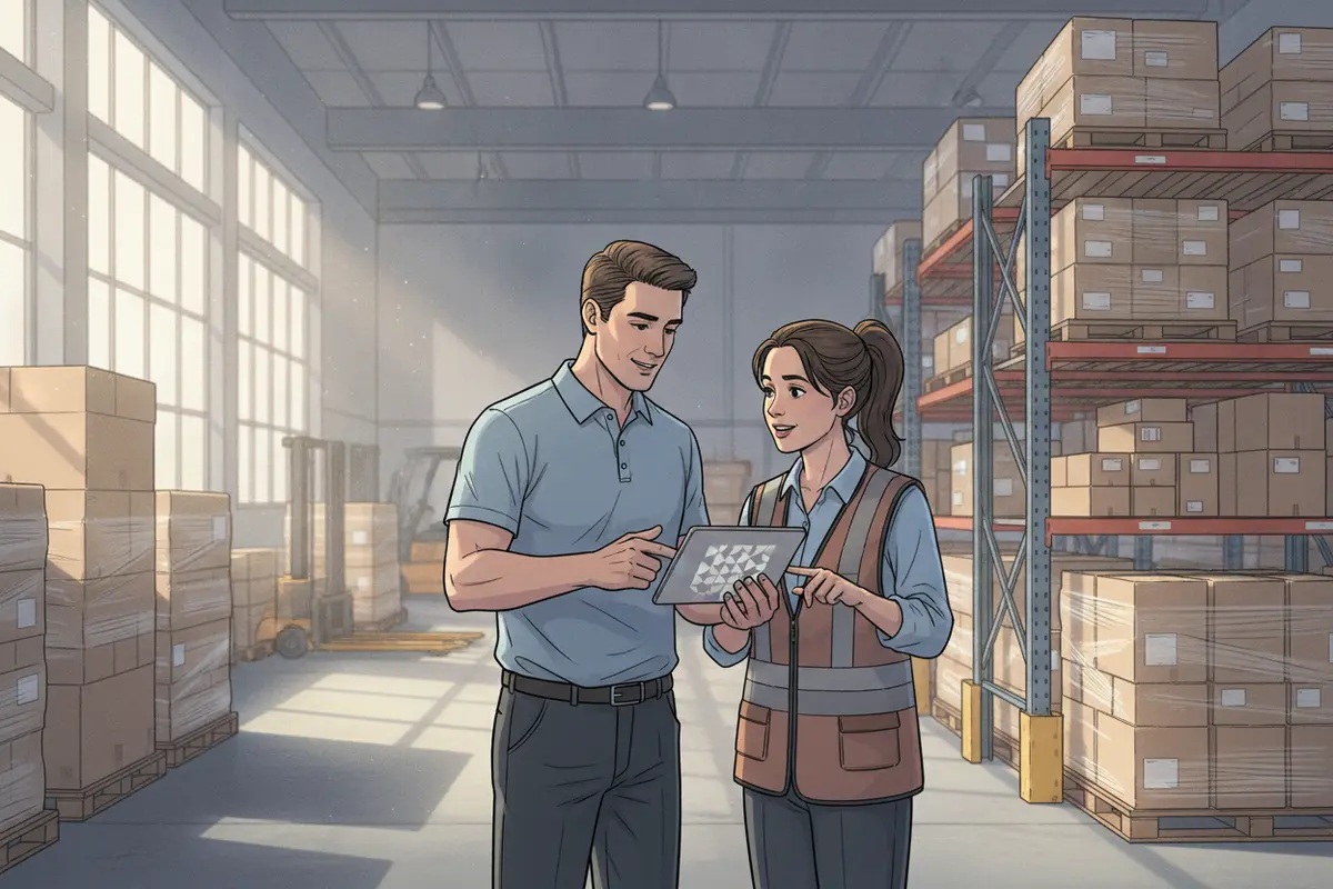 Consumer goods field and distribution teams reviewing a workflow in a warehouse