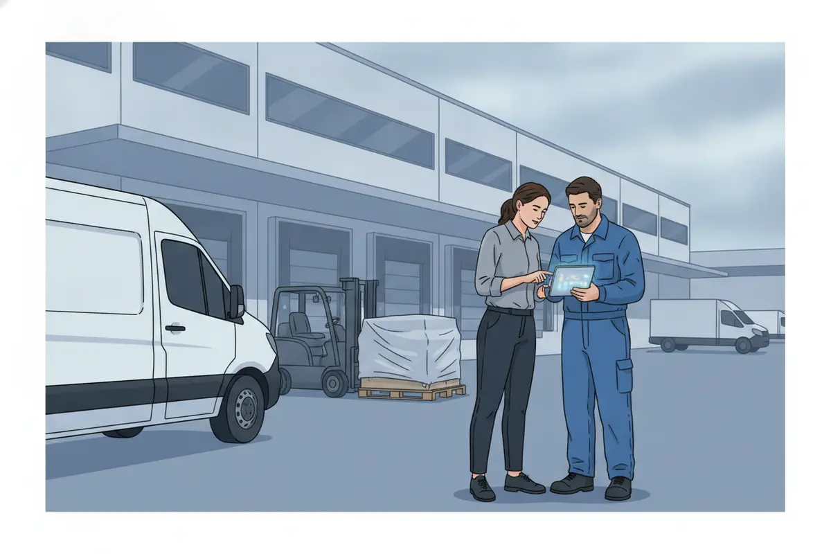 Coordinator and field technician discussing a service issue beside a delivery vehicle
