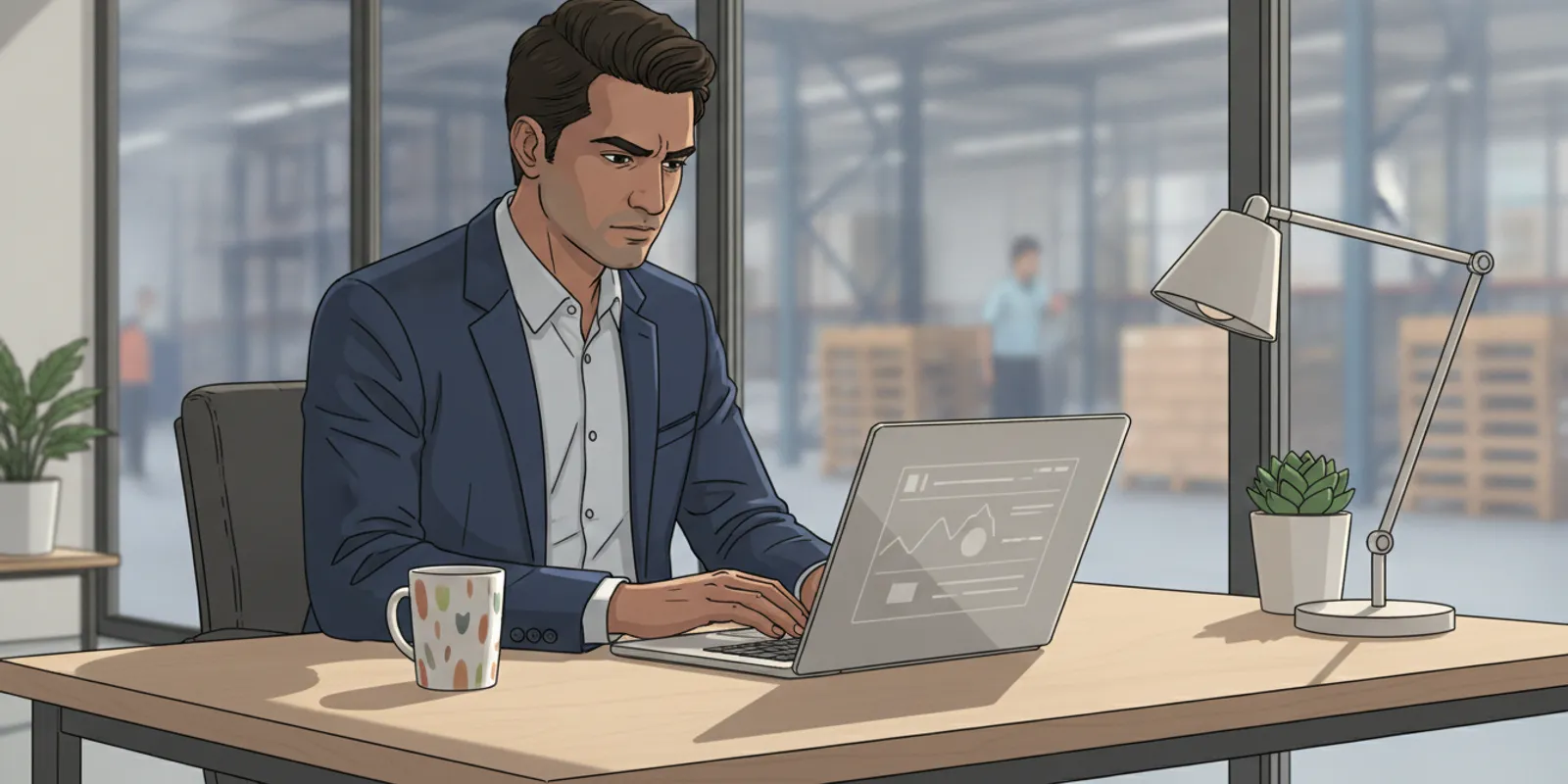 Logistics operations manager reviewing delivery schedules and customer records on a laptop in a warehouse office