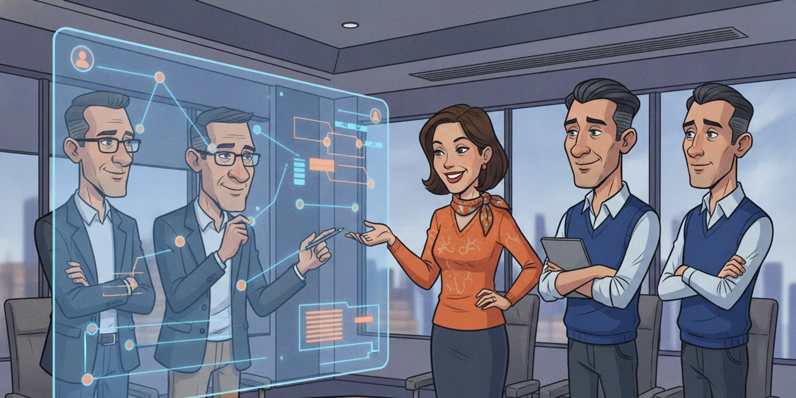 Business and Salesforce consulting team reviewing a performance dashboard and system architecture together