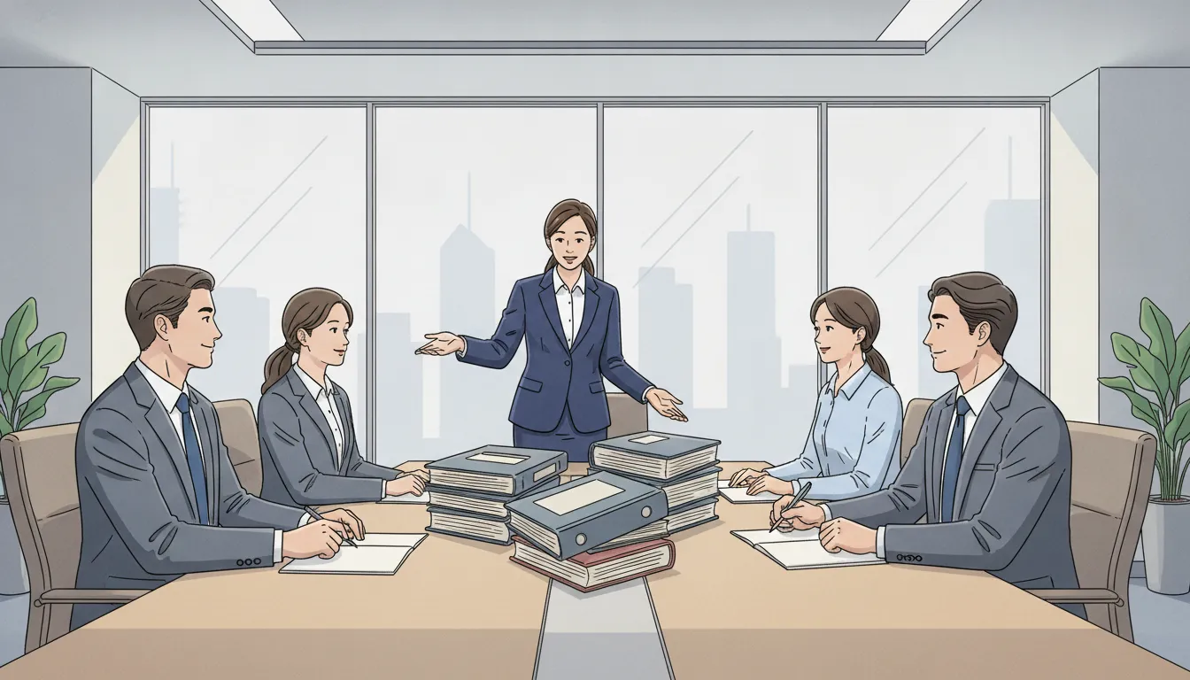 Compliance officer and wealth management operations team reviewing records in a modern financial office