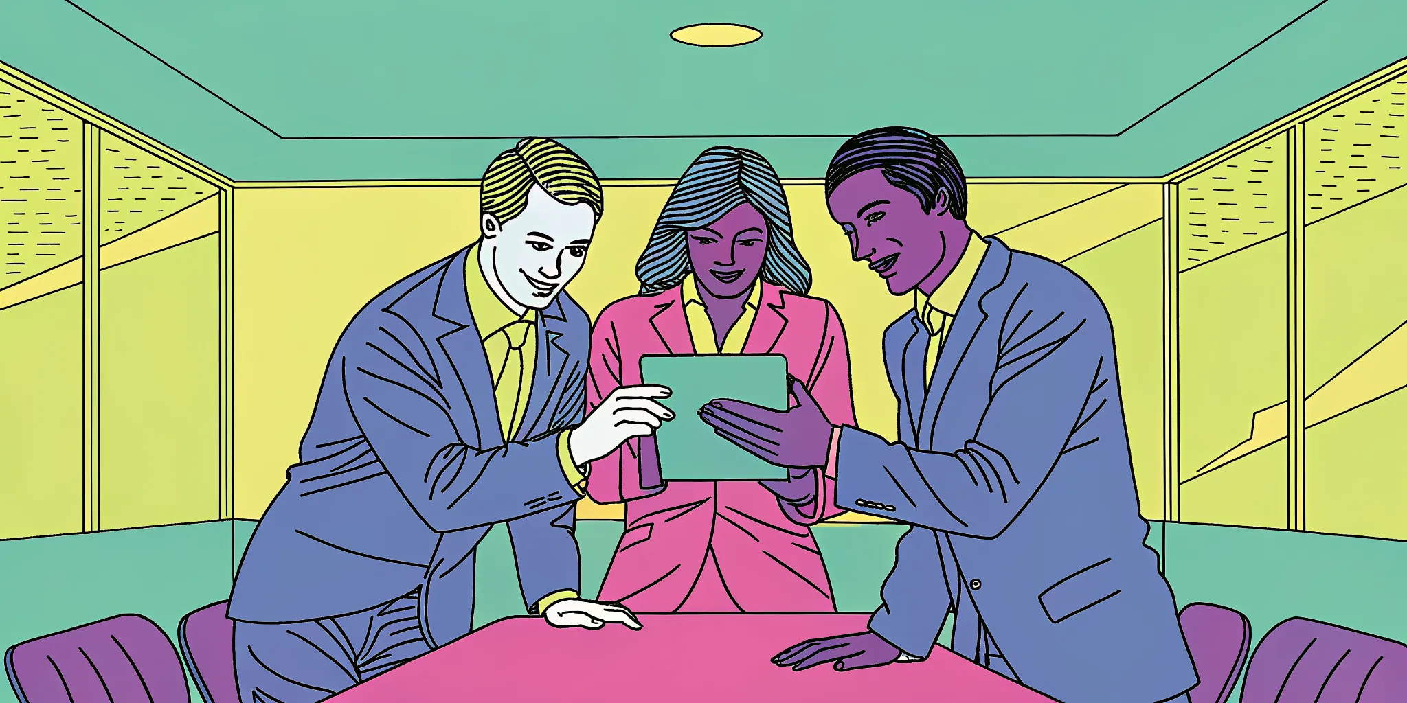 Two business leaders and a Salesforce consultant reviewing a digital recovery roadmap on a tablet in a modern conference room