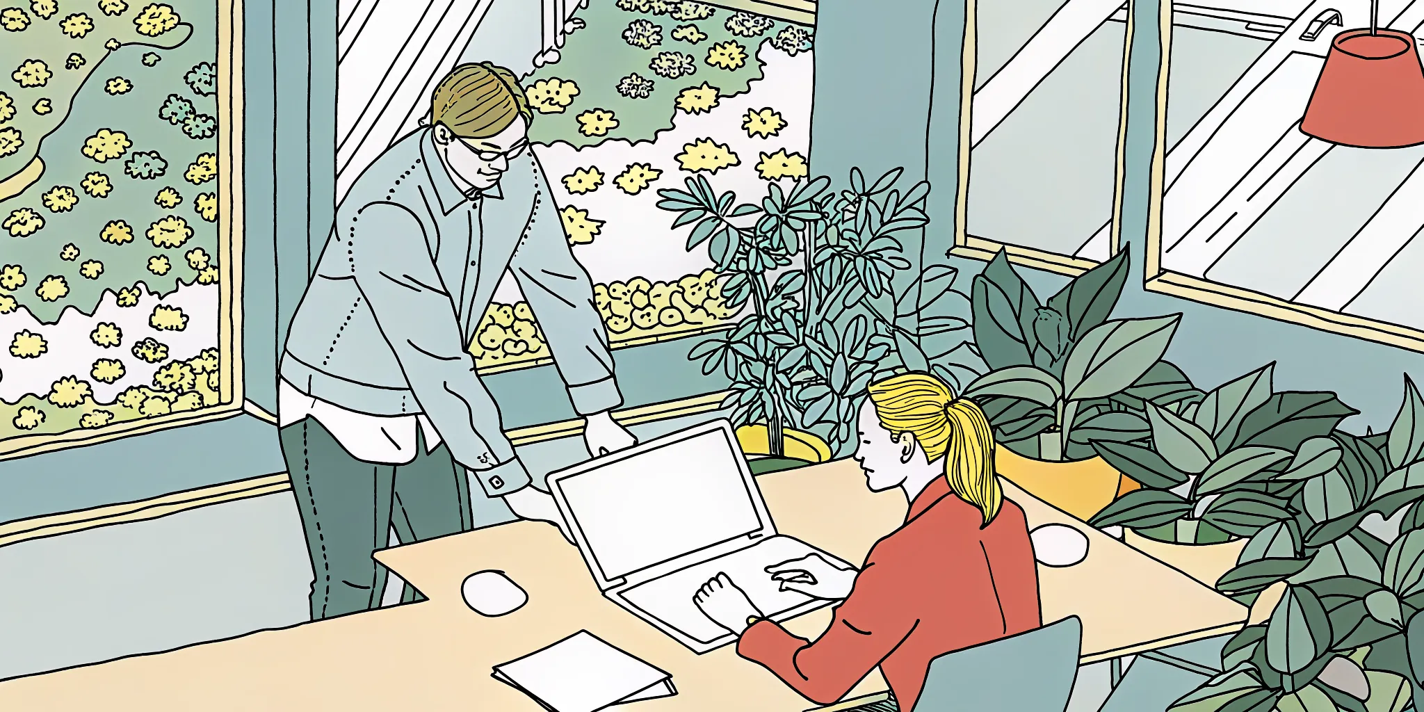 Salesforce administrator and business user collaborating at a desk to resolve system issues