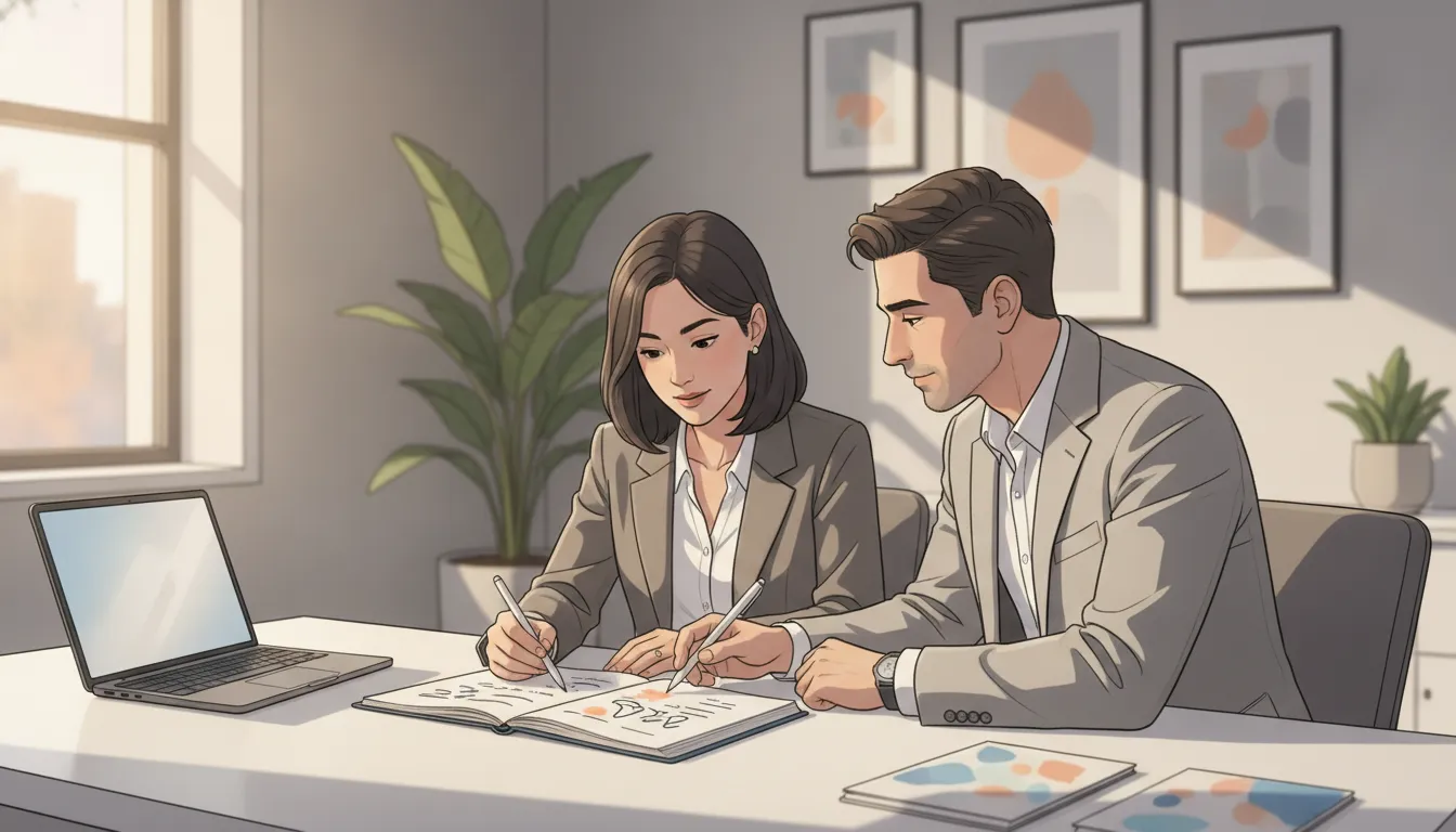 Two financial advisors reviewing client household relationship notes in a professional advisory office
