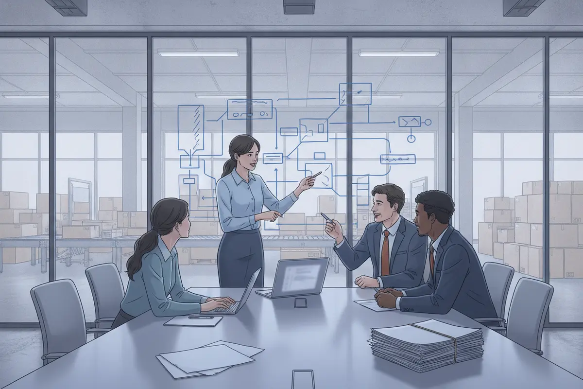 Logistics team mapping customer, dispatch, and service workflows in a planning room