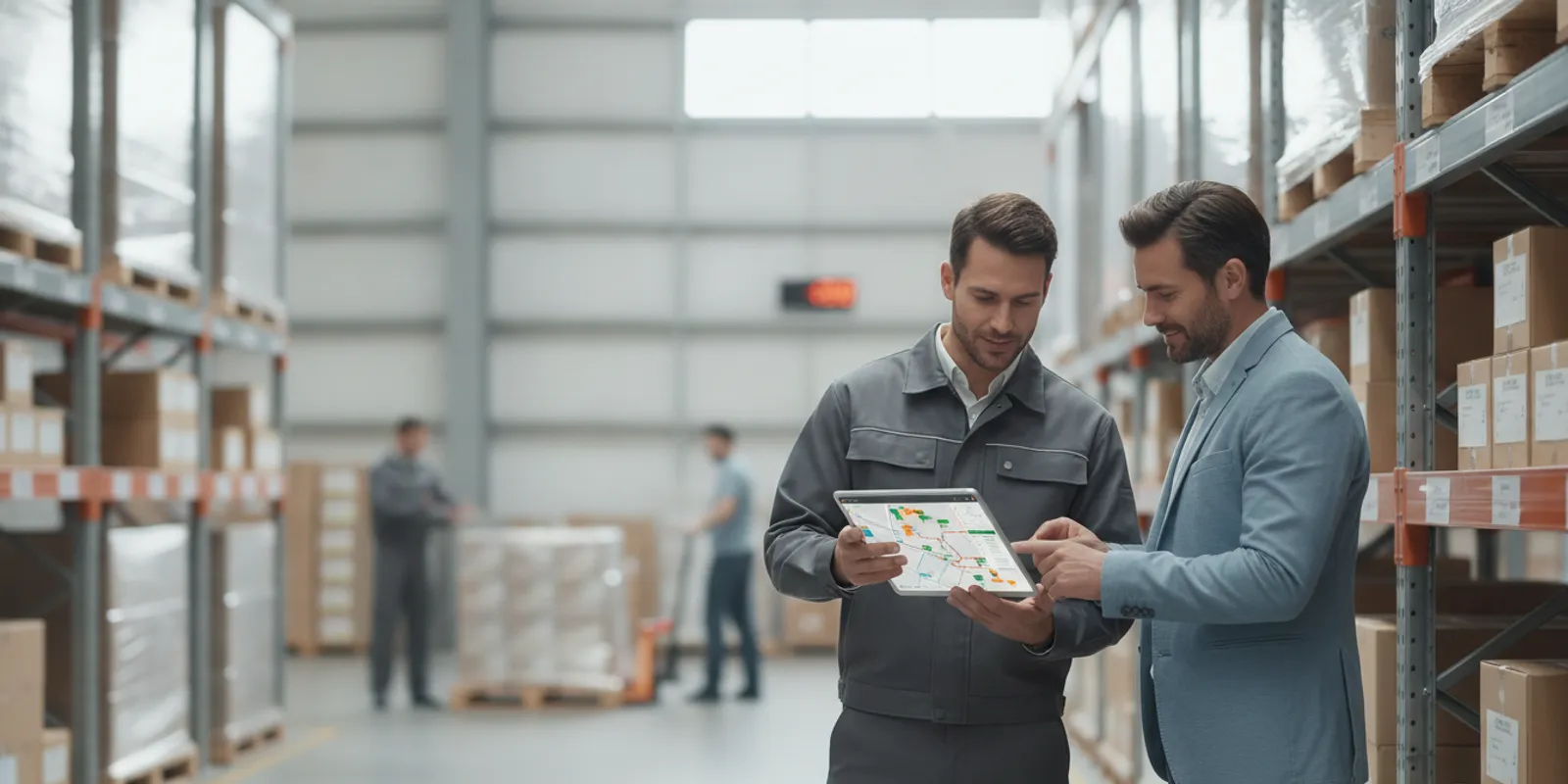 Consumer goods operations team reviewing distribution performance on a tablet in a warehouse