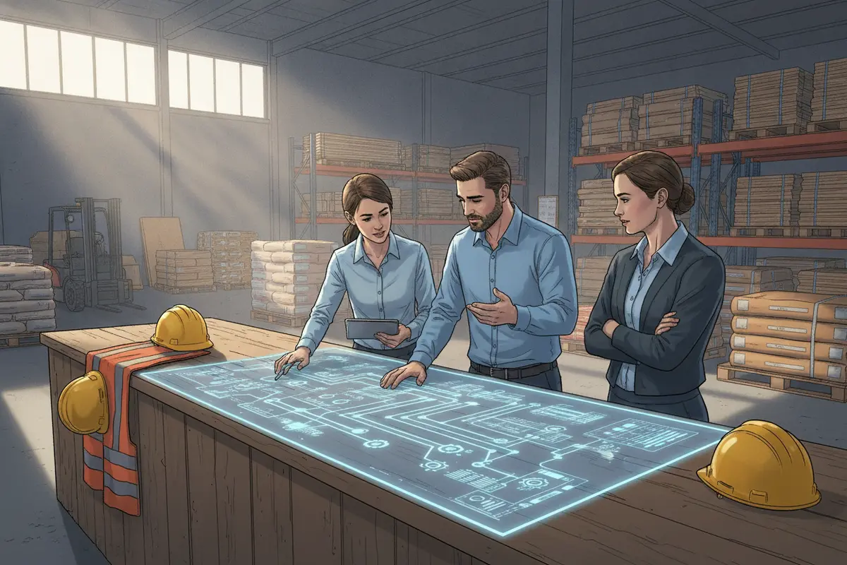Sales and operations colleagues reviewing a building supplies quote workflow