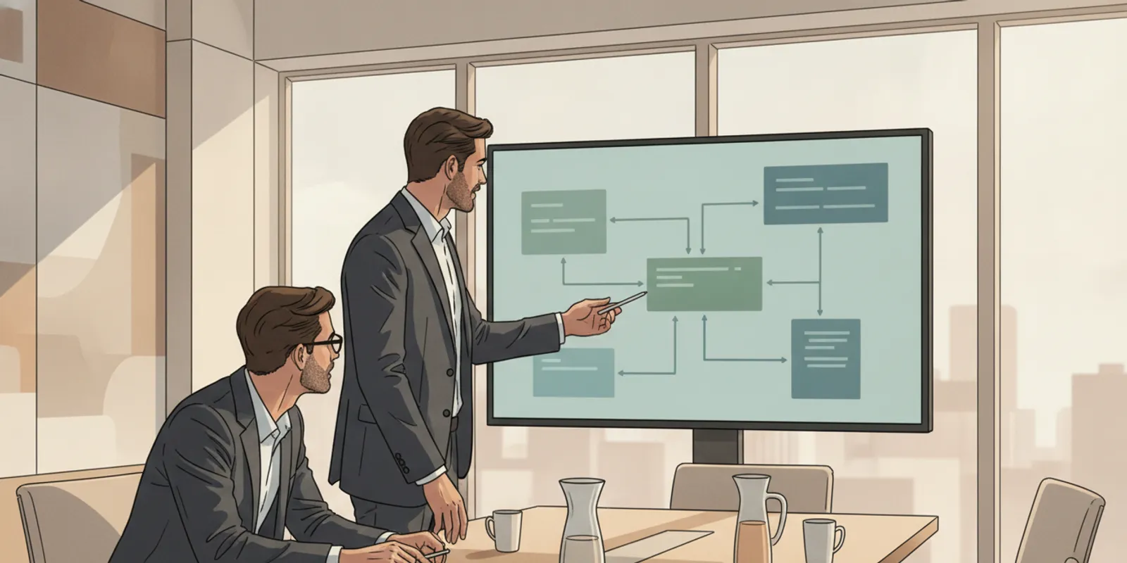 Business and technical team reviewing a Salesforce architecture diagram on a screen