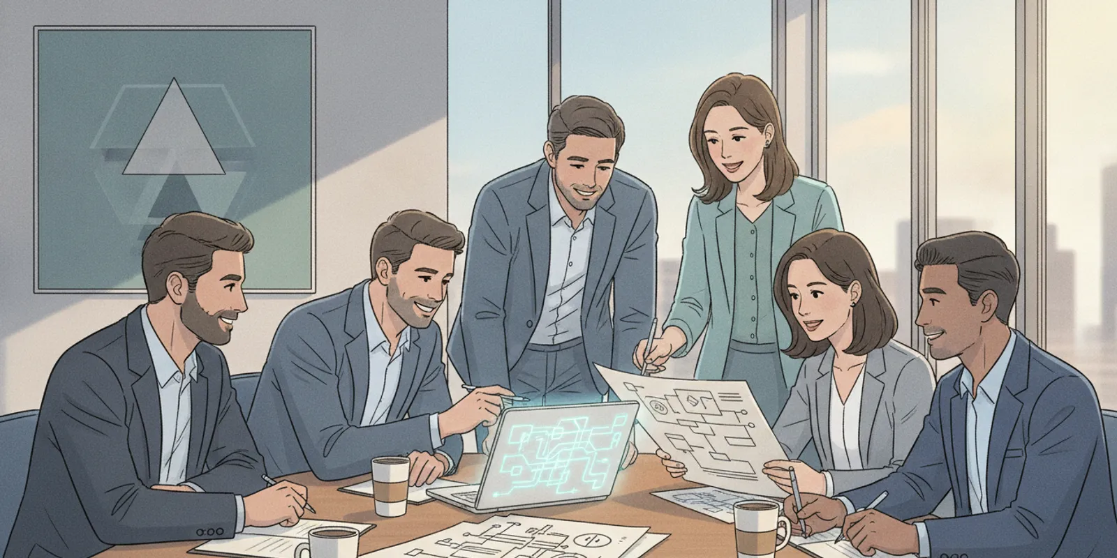 Business and technical leaders review a Salesforce product roadmap around a conference table