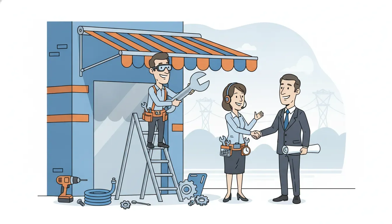 Field technician and service team coordinating awning installation and warranty work