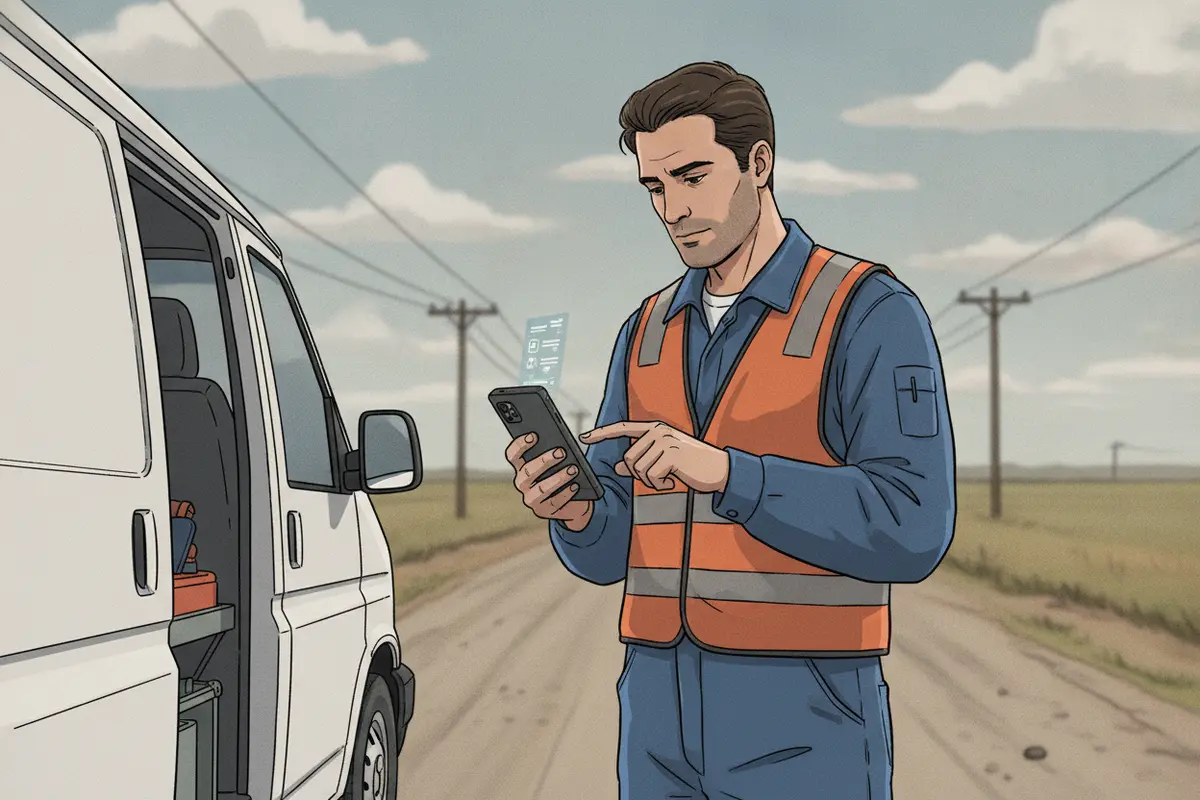 Technician using mobile field service software to update a work order