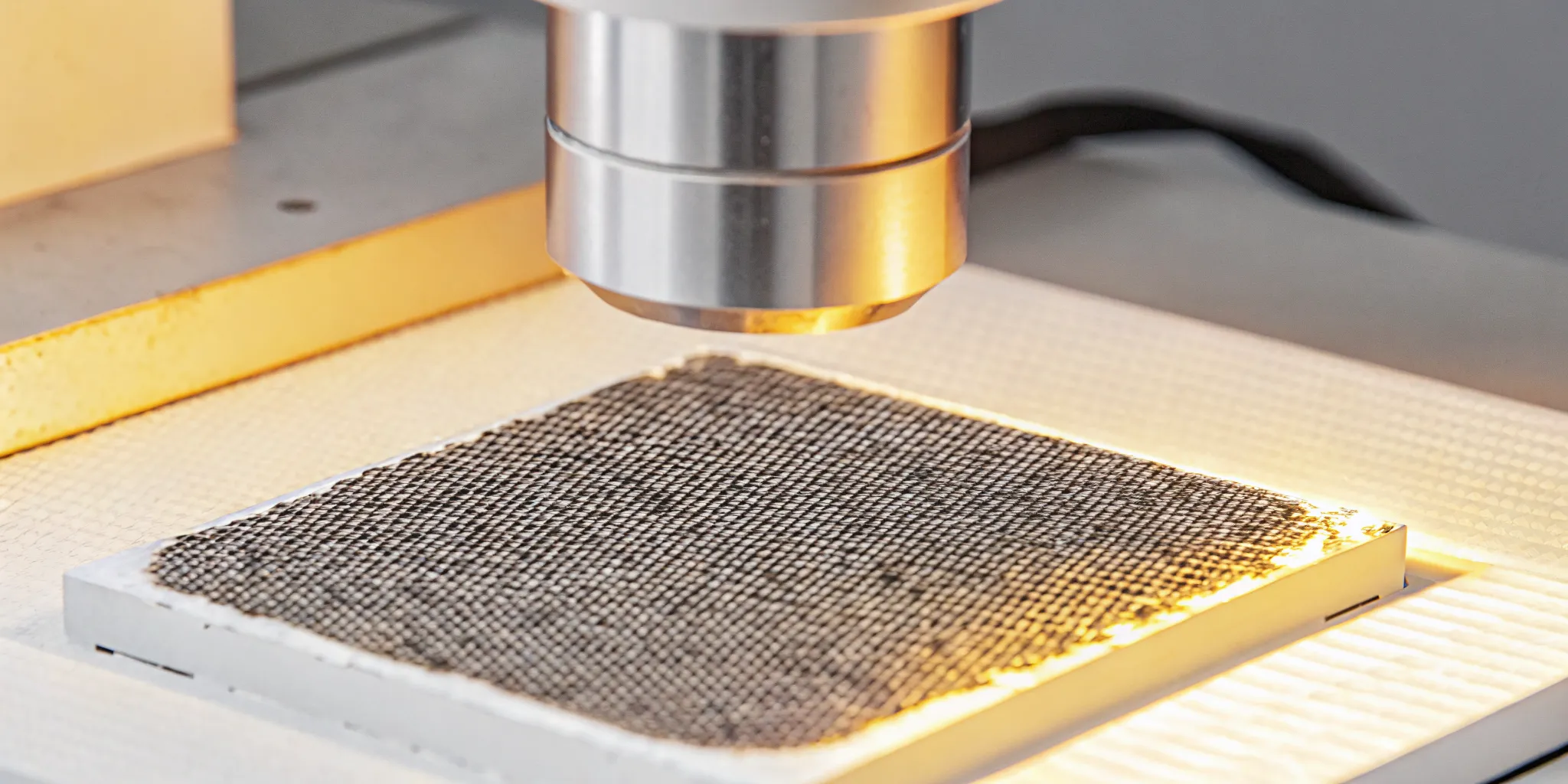 Cross-sectional microscopic view of GoNano nanosilica particles penetrating and bonding with asphalt shingle substrate