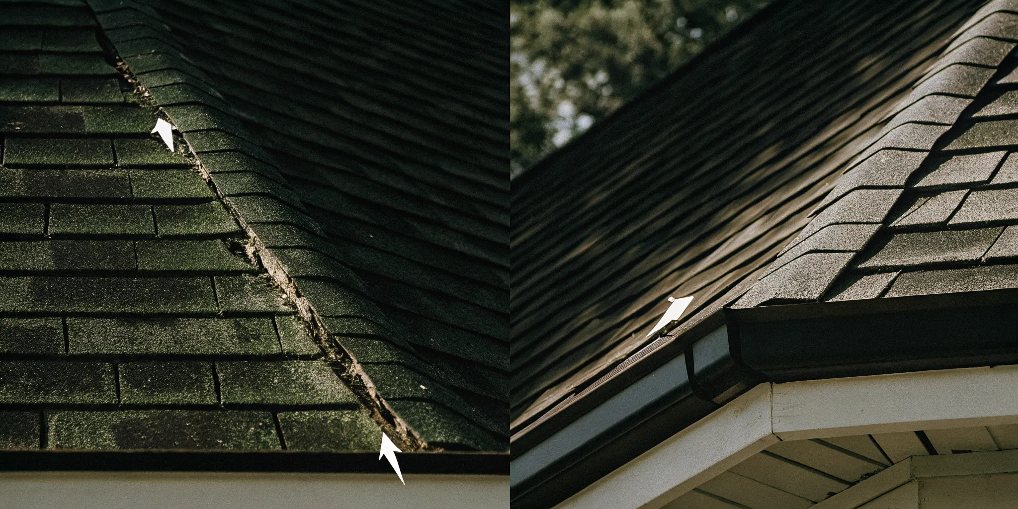 Split comparison illustration showing aged brittle shingles on one side versus rejuvenated flexible shingles with a protective molecular barrier on the other