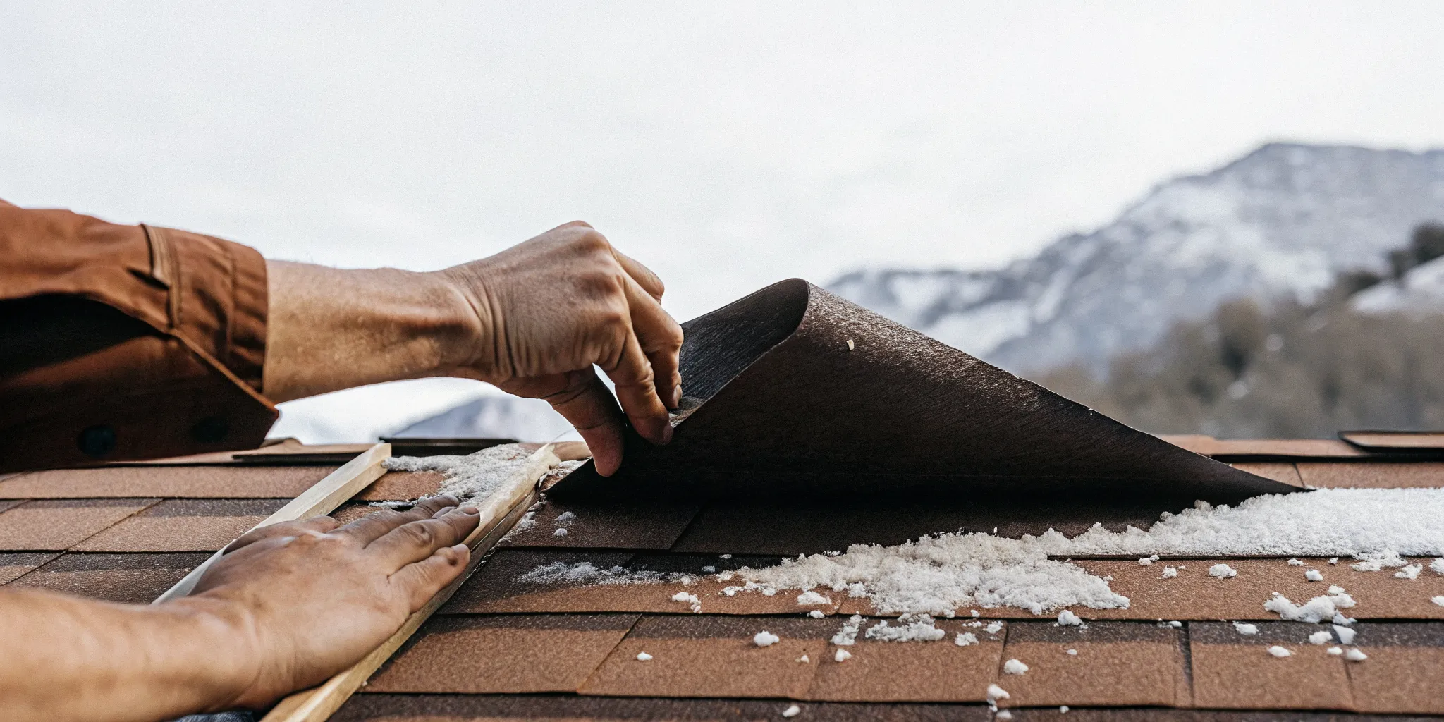 Roofing contractor examining the flexibility of an asphalt shingle roof treated with nanotechnology in Southwest Colorado