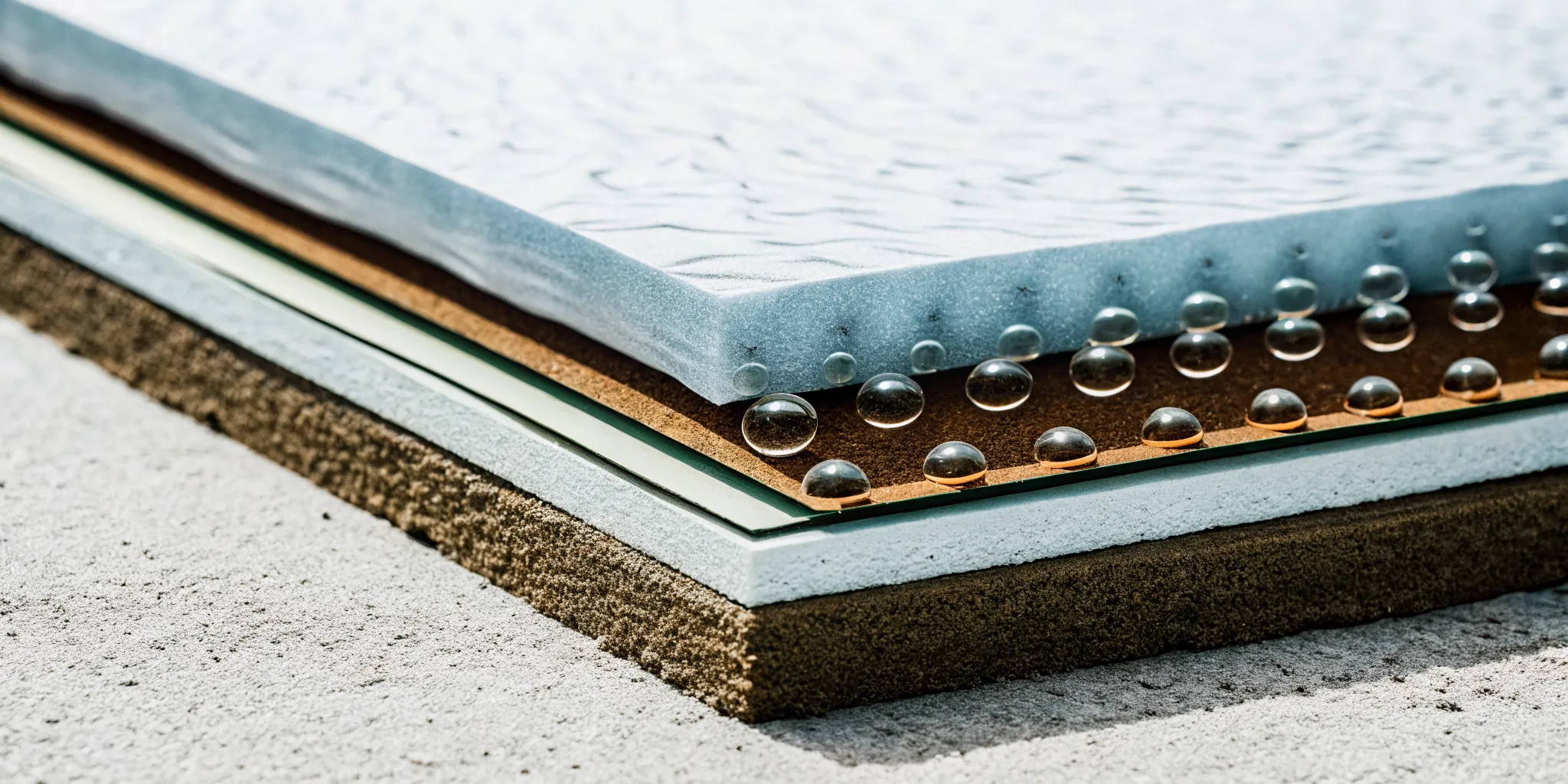 Cross-section diagram showing nanosilica particles penetrating deep into the porous layers of an asphalt shingle at the molecular level, blue and amber color palette
