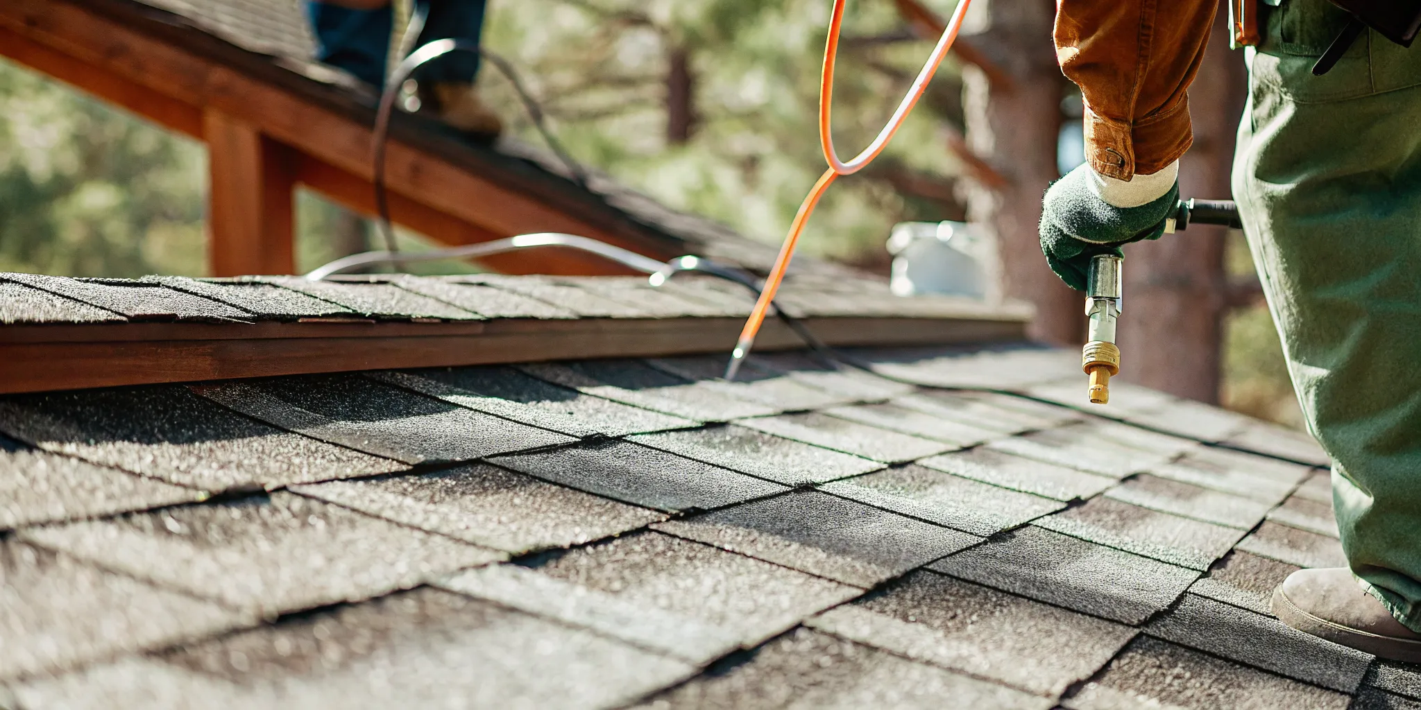 Professional inspecting asphalt shingles before roof rejuvenation treatment