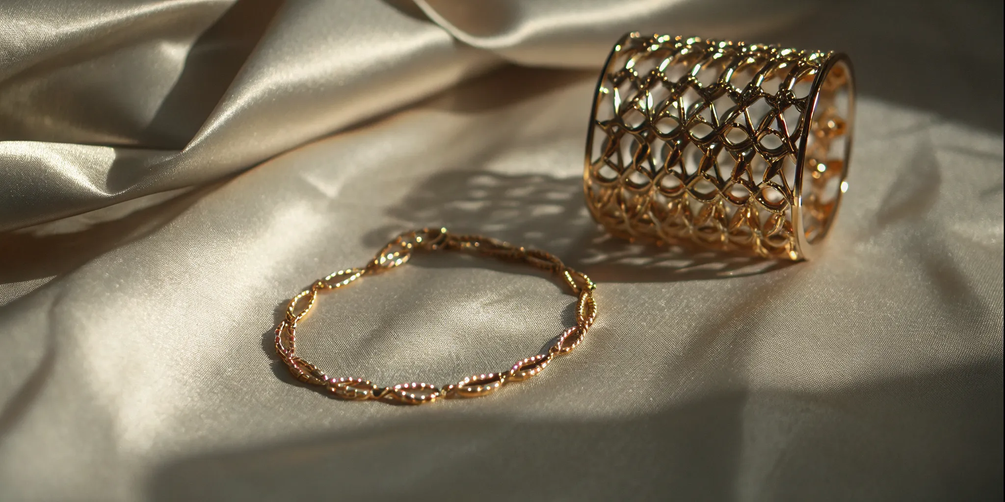 Structured gold cuff beside a delicate station bracelet