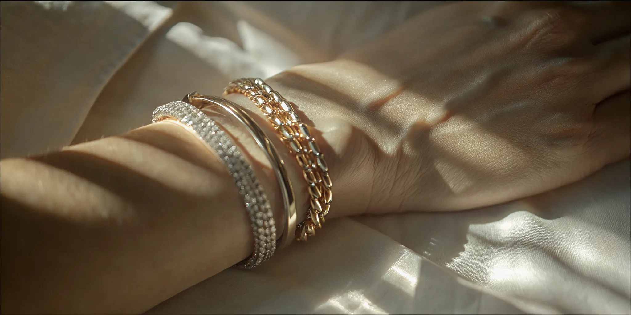 Layered gold bracelet styles arranged in a balanced stack