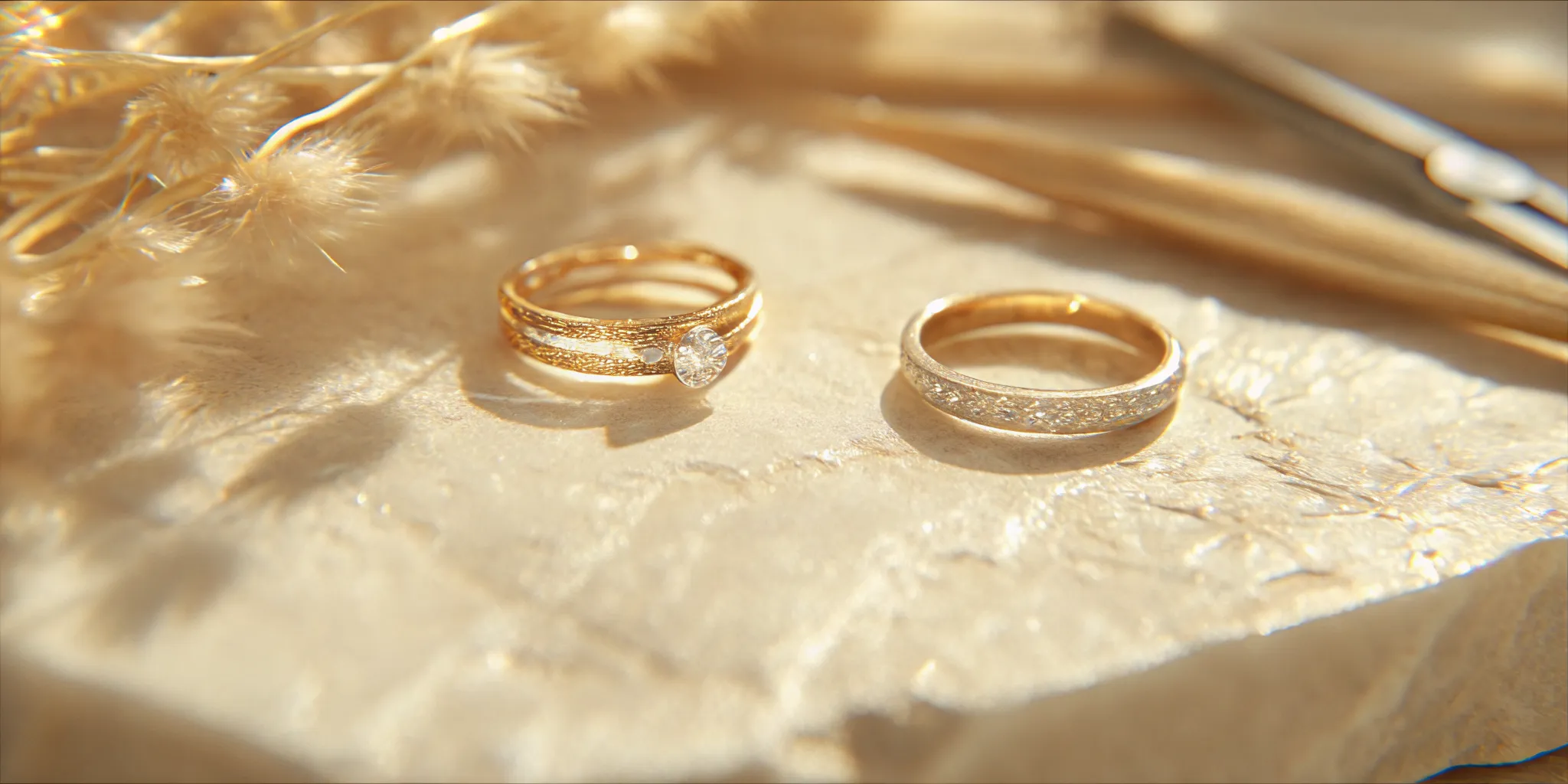 Handcrafted custom wedding bands with an engagement ring and goldsmith tools