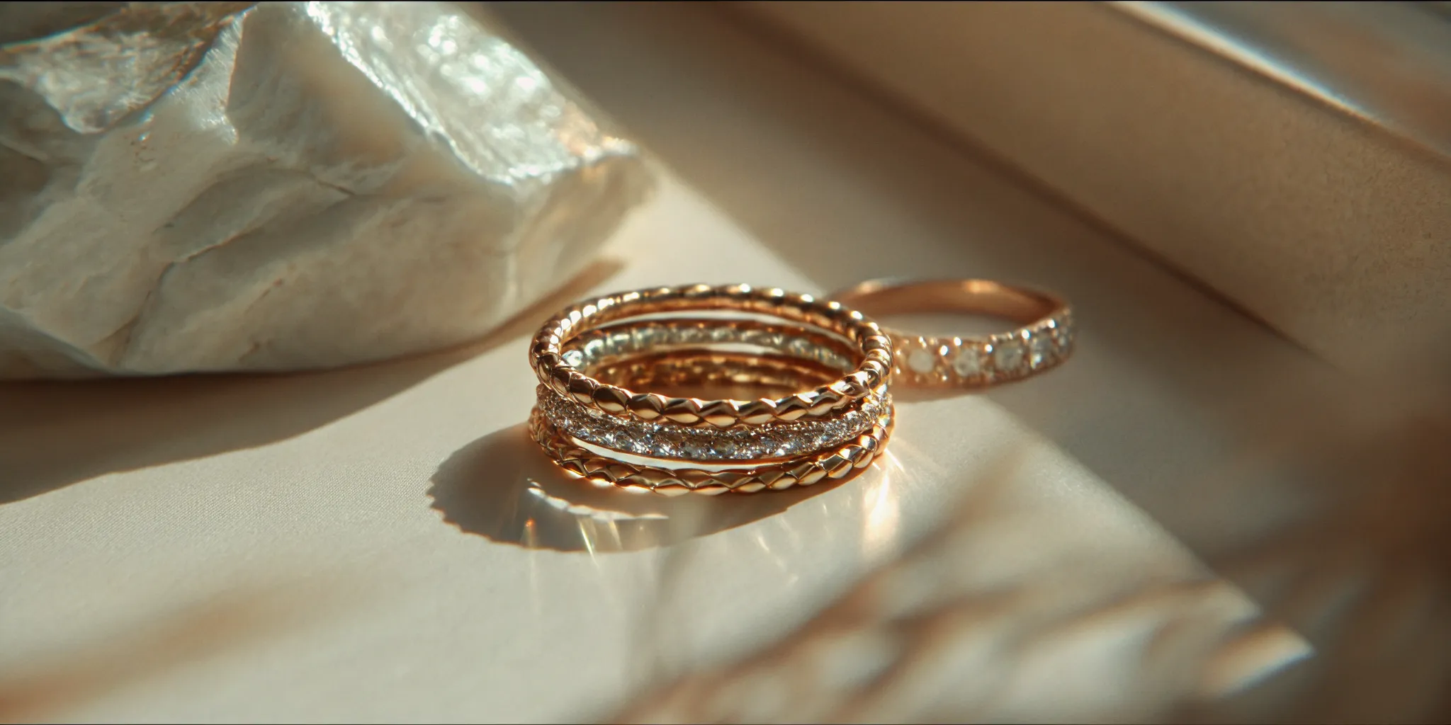 Fine gold stackable rings layered in balanced proportions
