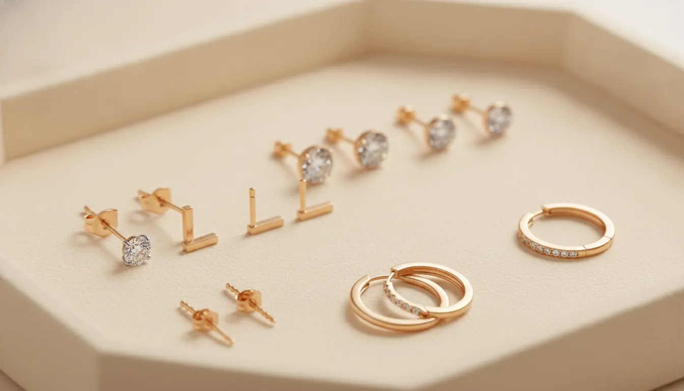 Fine earrings and different types of earring backs arranged on an ivory jewelry tray