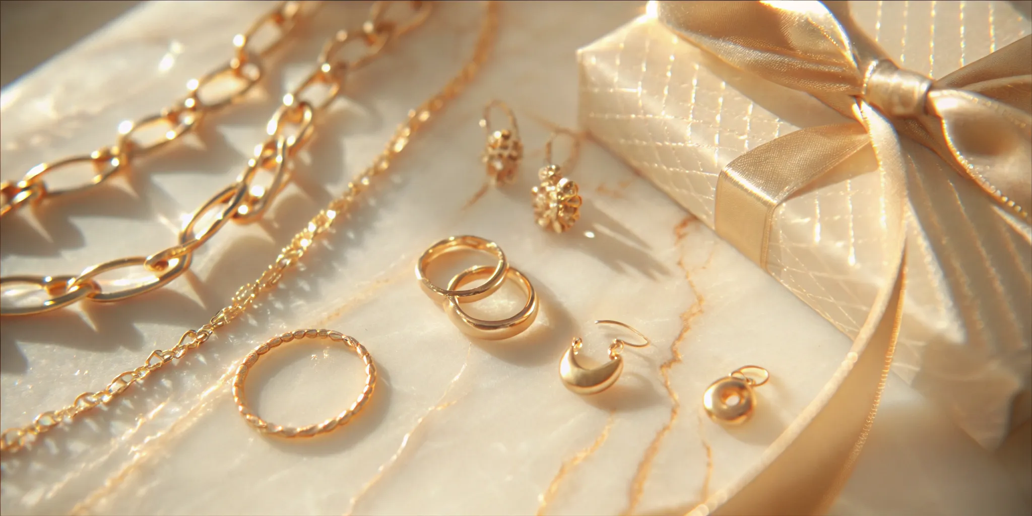 Elegant flat lay of gold jewelry on white marble including earrings, rings, and a necklace arranged with gift wrapping and soft natural lighting.
