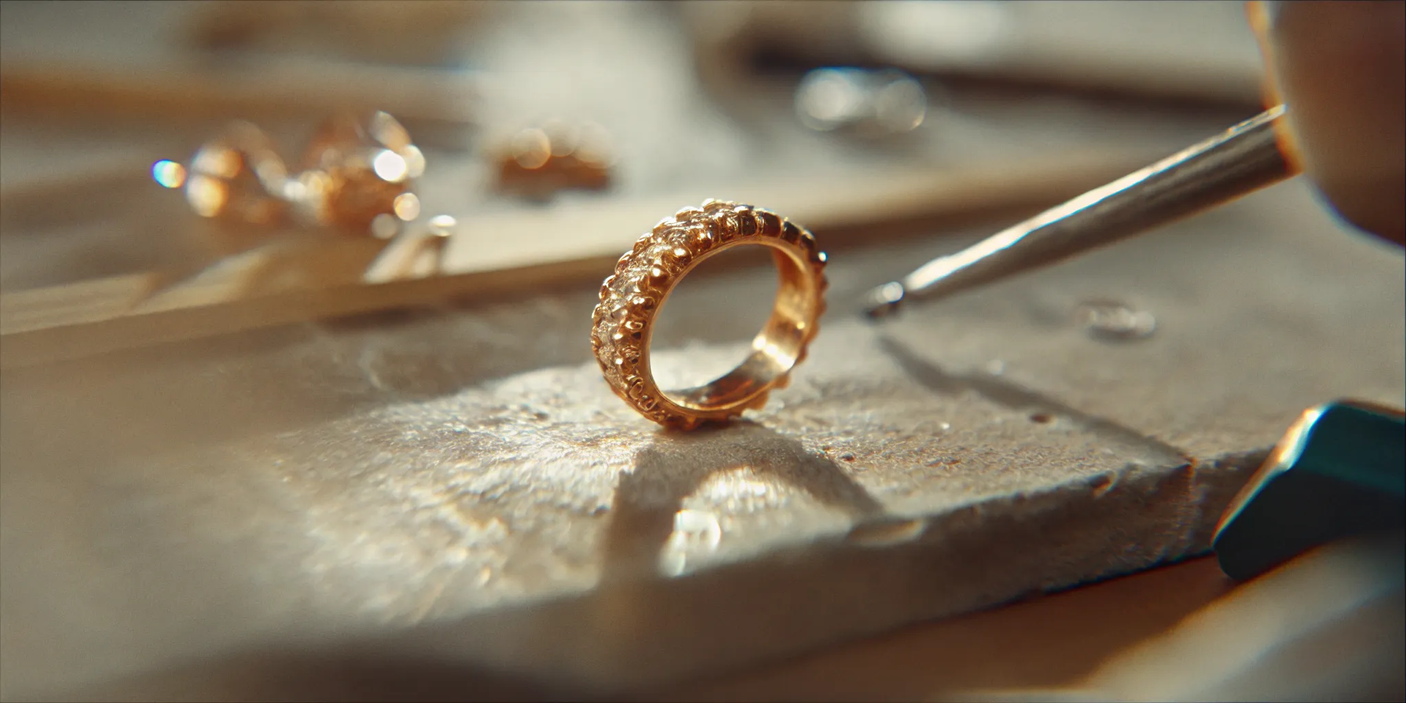 Artisan carefully crafting a recycled gold ring with fine attention to detail