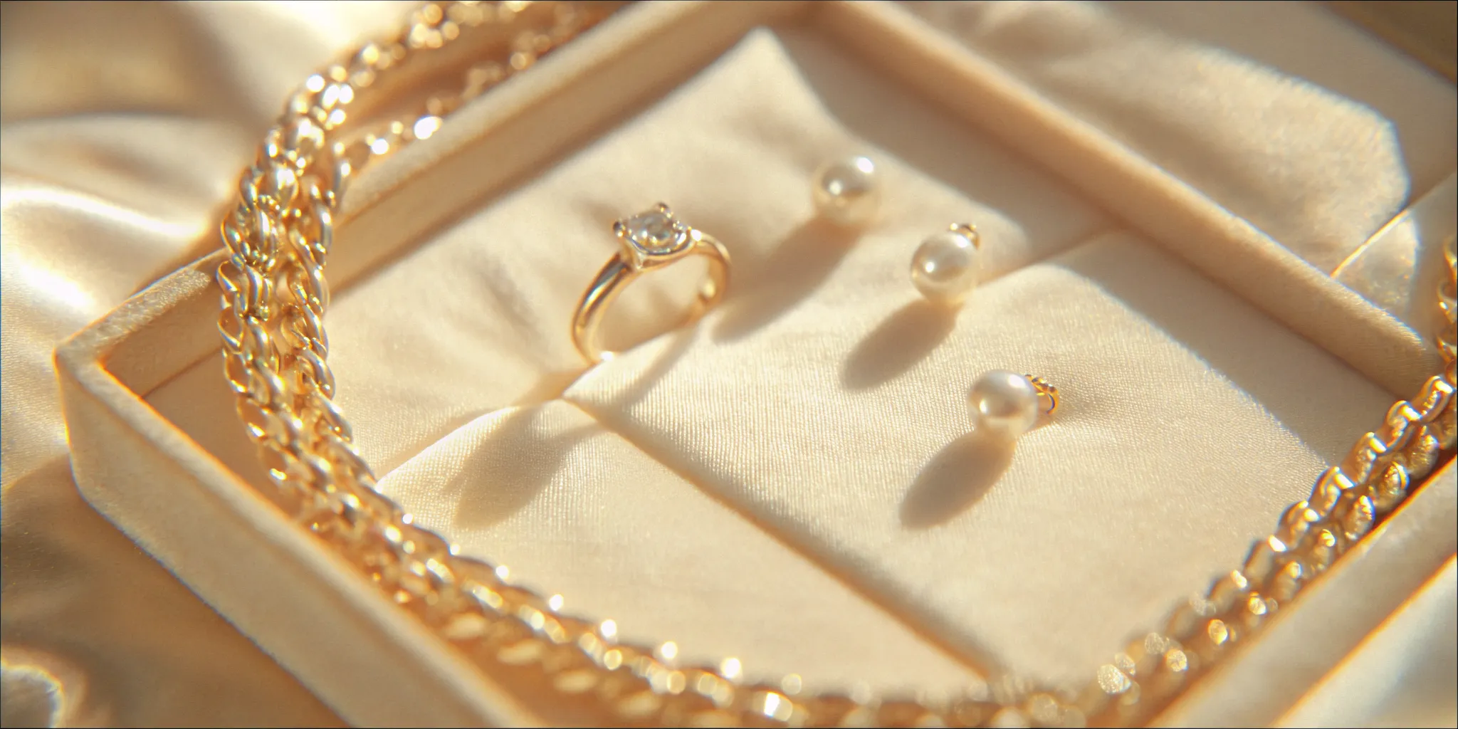 Gold jewelry gift presentation on cream silk with a diamond ring, pearl earrings, and a gold bracelet in soft studio lighting.