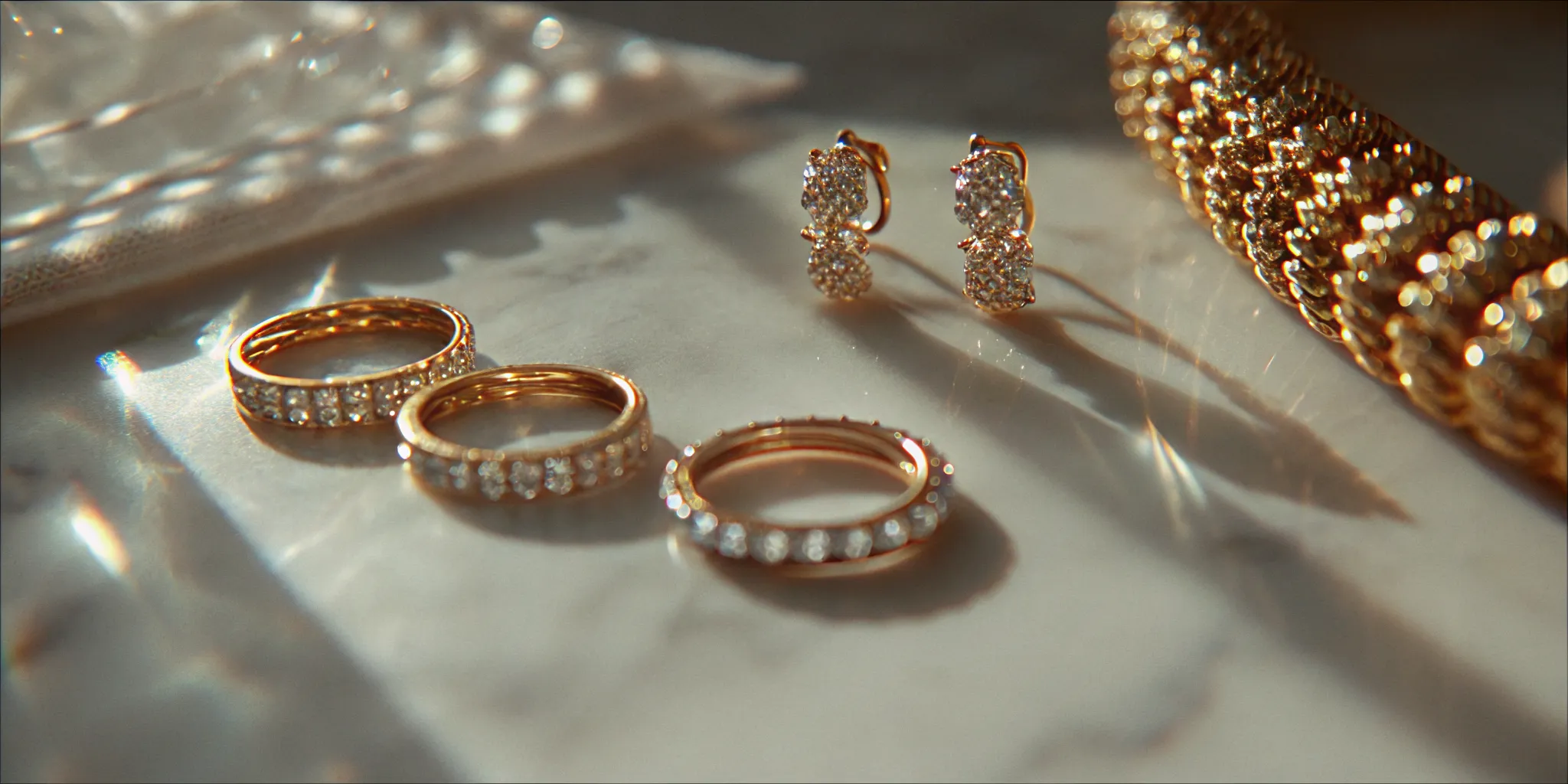 Elegant fine jewelry pieces including gold rings and diamond earrings artfully arranged on marble surface with soft natural lighting