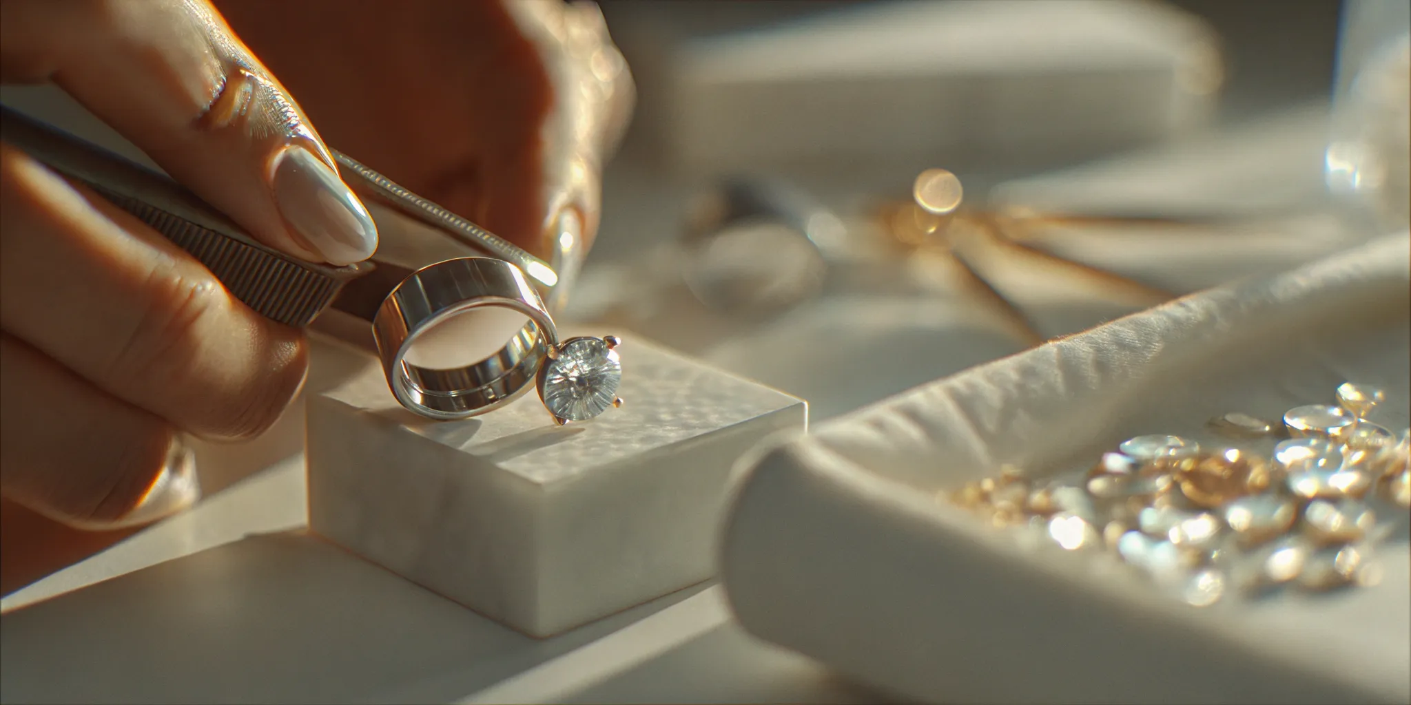 Professional jewelry appraiser inspecting a fine diamond ring with a loupe