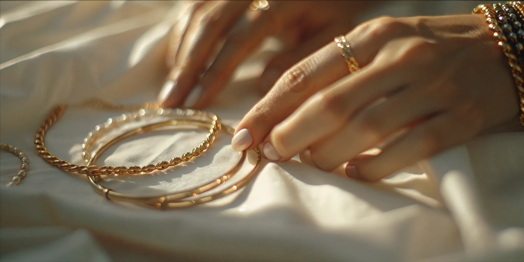 Hands arranging gold chains and bangles for bracelet stacking