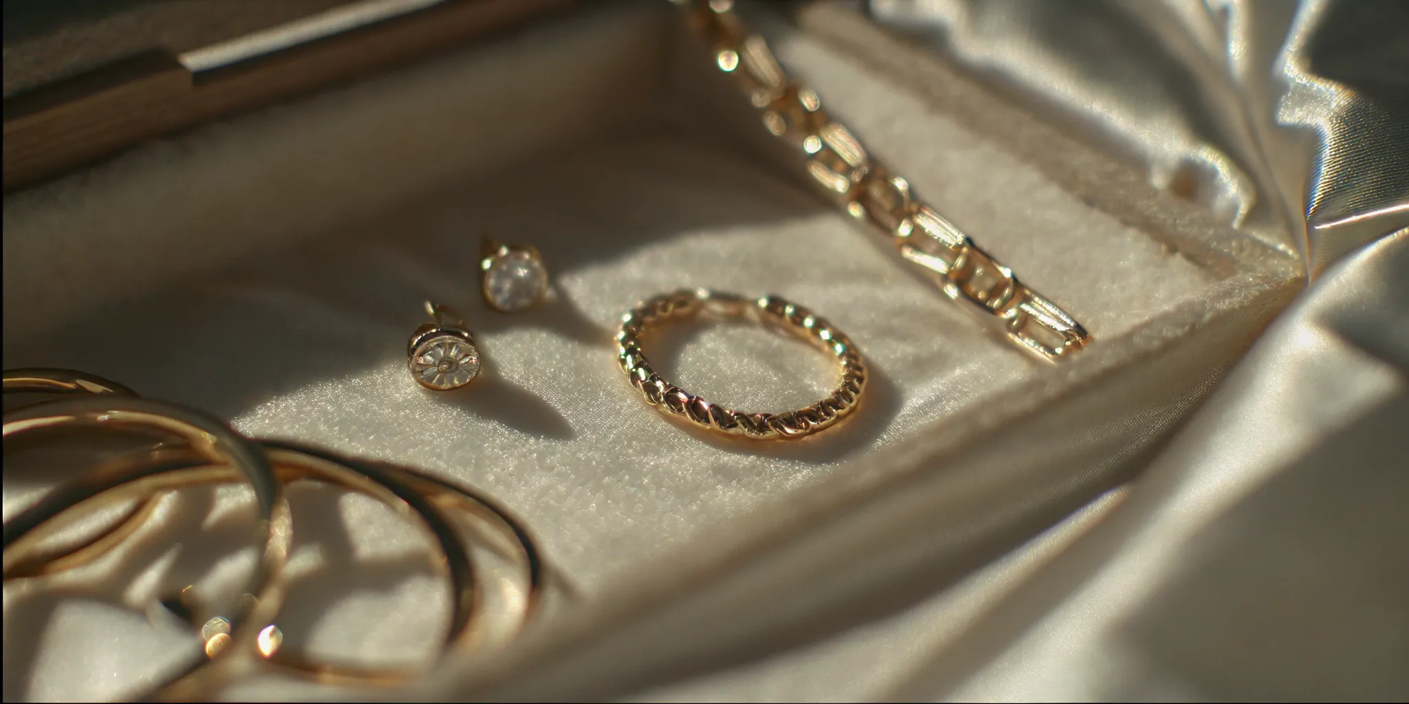 Luxurious collection of fine gold jewelry including necklaces and earrings arranged elegantly in a jewelry box