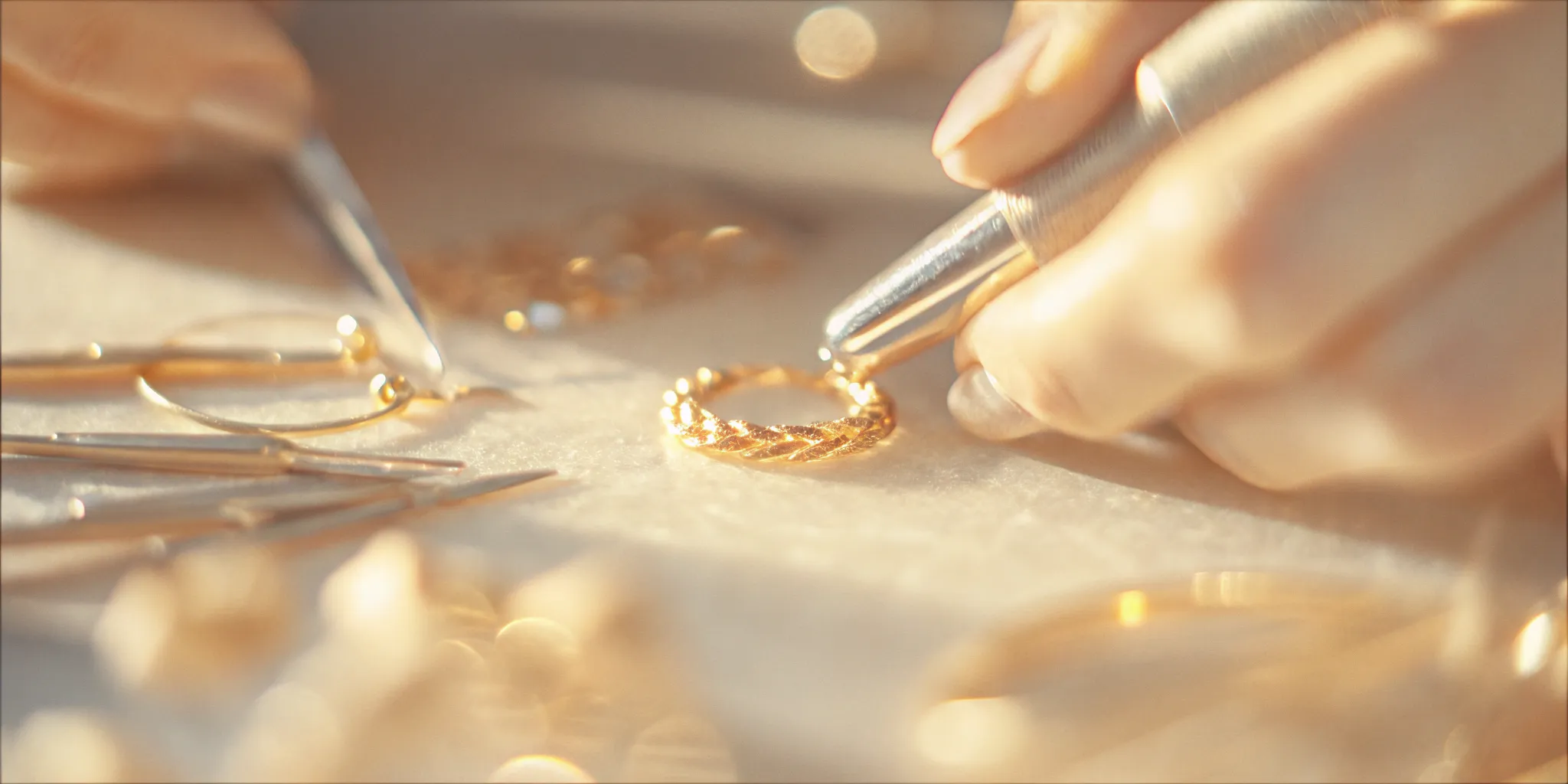 Close up of a jeweler's hands carefully restoring a vintage gold ring using precision tools on a workshop bench