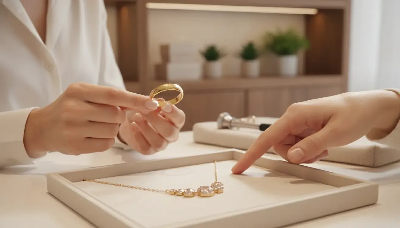 Jewelry consultation comparing a gold ring and gemstone necklace before buying fine jewelry