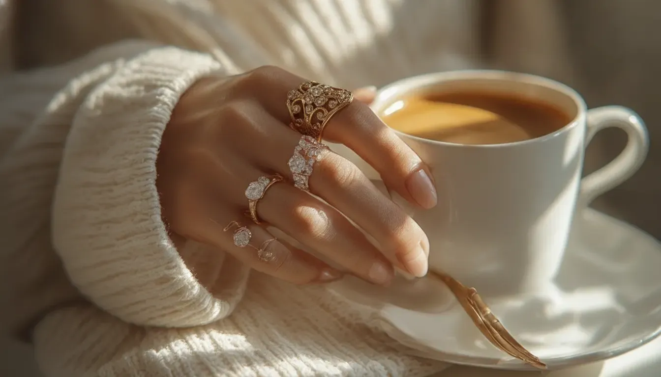 Antique jewelry ring worn beside modern fine jewelry while holding a coffee cup