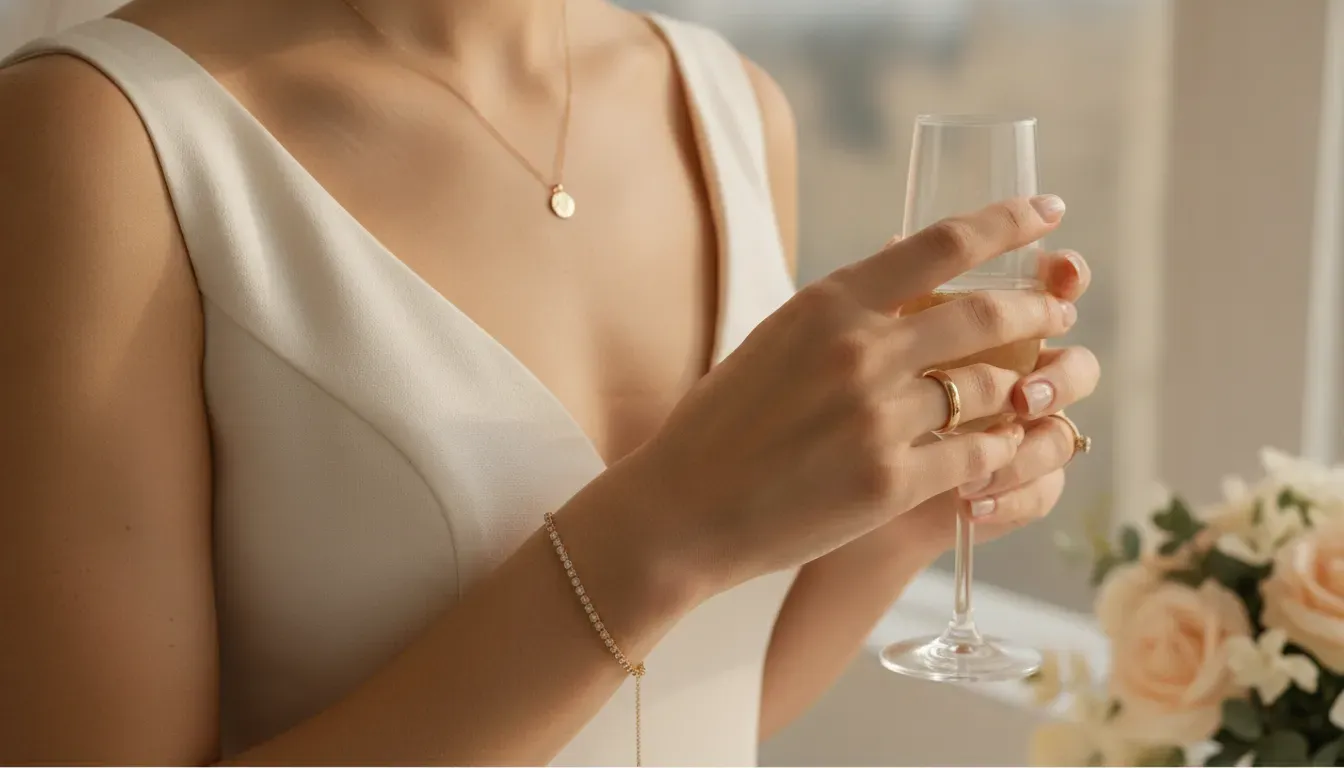 Bride wearing a delicate necklace and diamond bracelet with a modern wedding dress