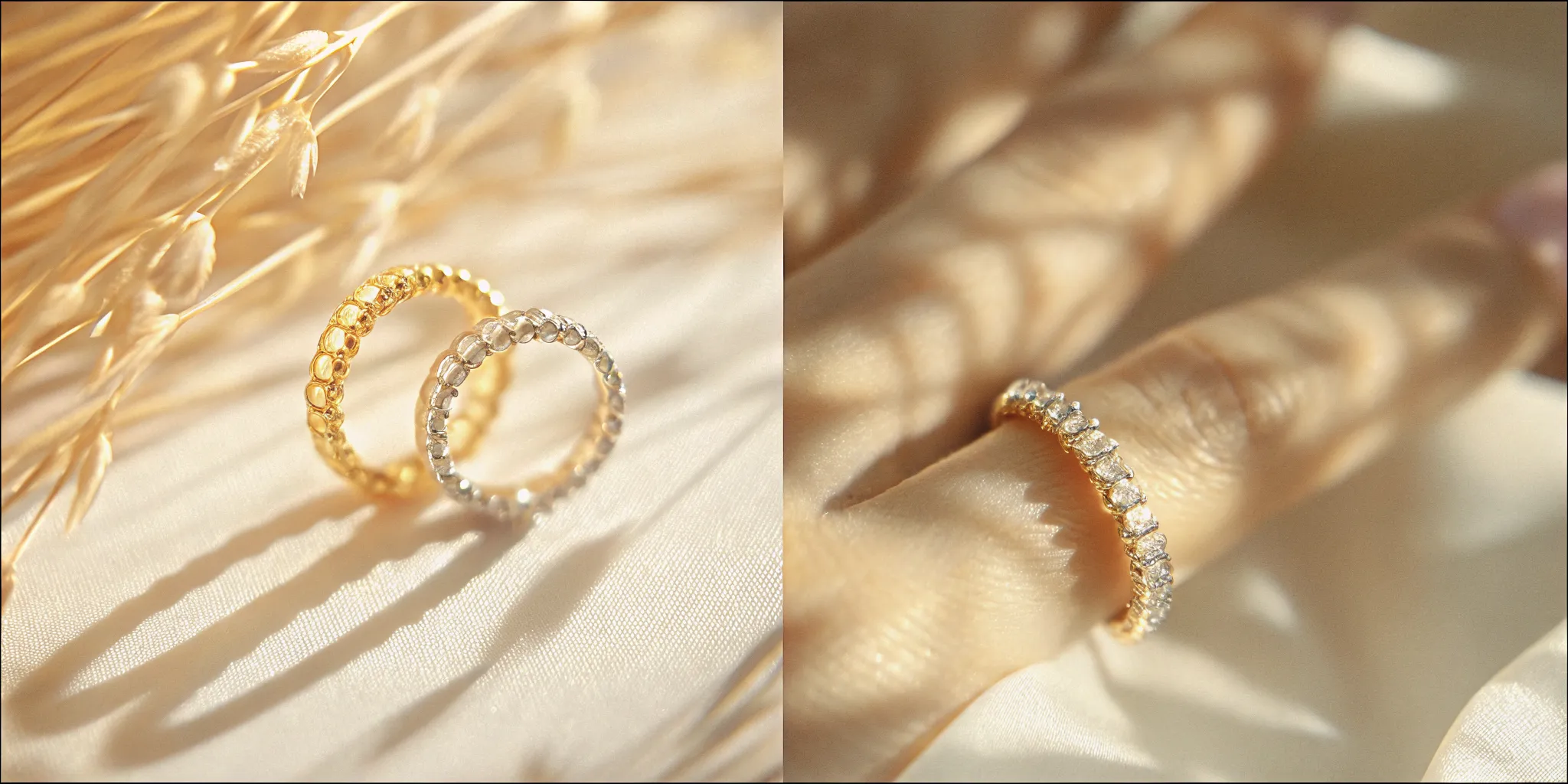 Side-by-side comparison of a white gold ring and a yellow gold ring styled together on a hand