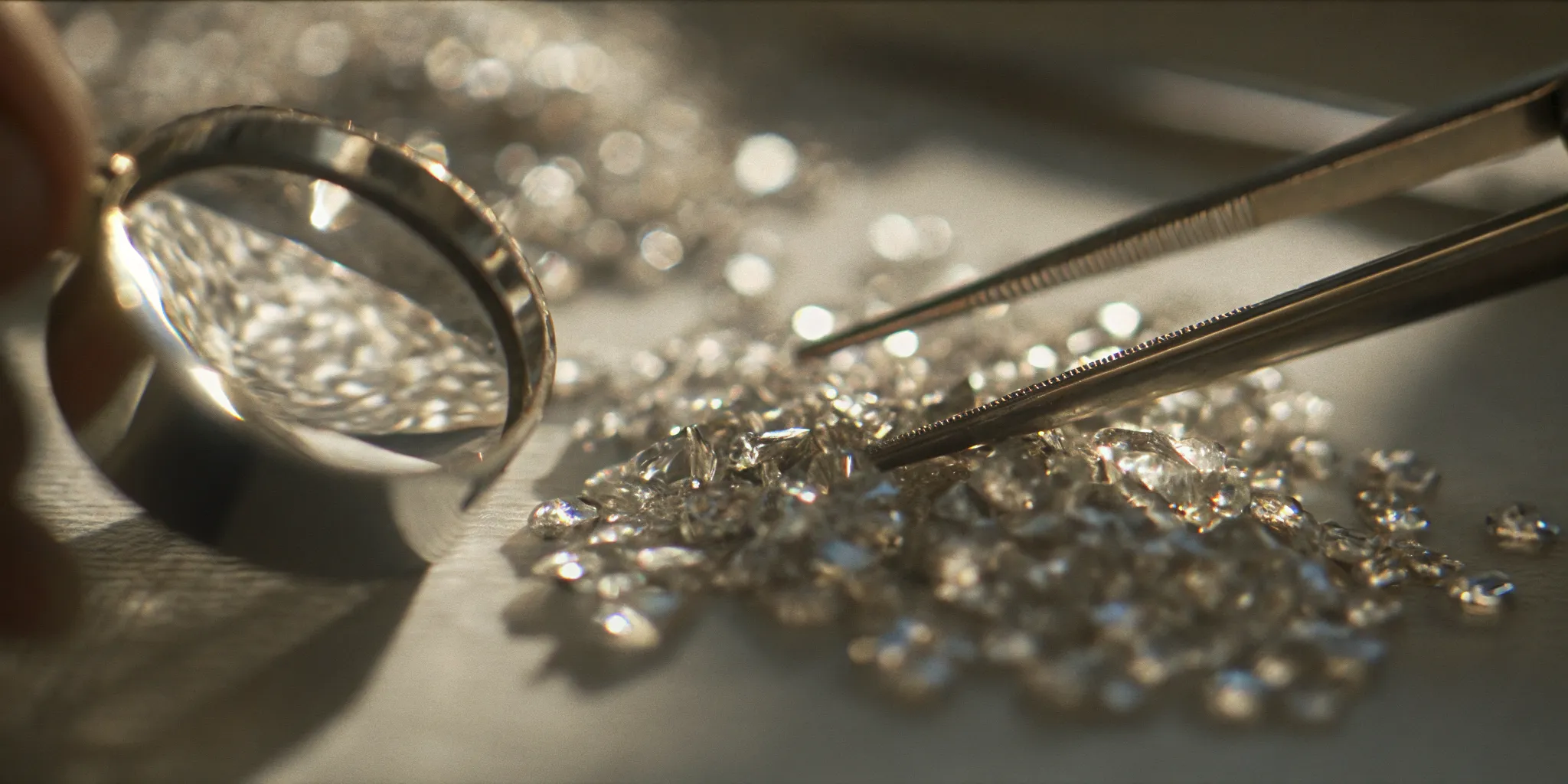 Jeweler examining a loose diamond under magnification with tweezers