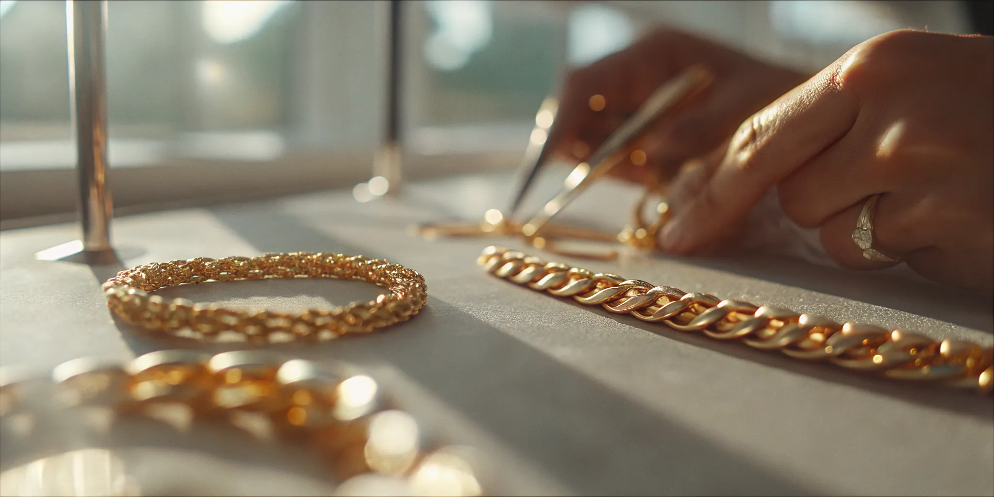 Fine jeweler caring for future heirlooms jewelry at a workbench