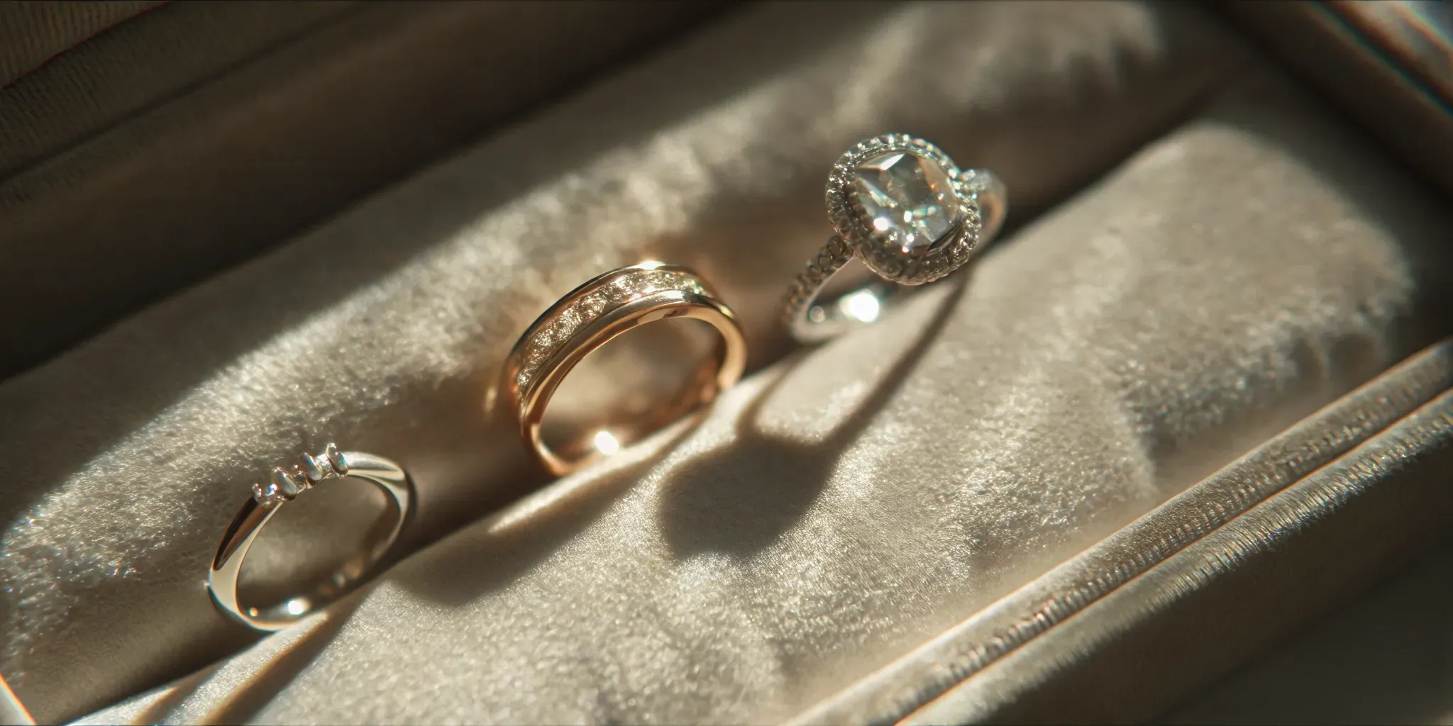 Solitaire and halo engagement rings displayed on velvet, showing different setting styles